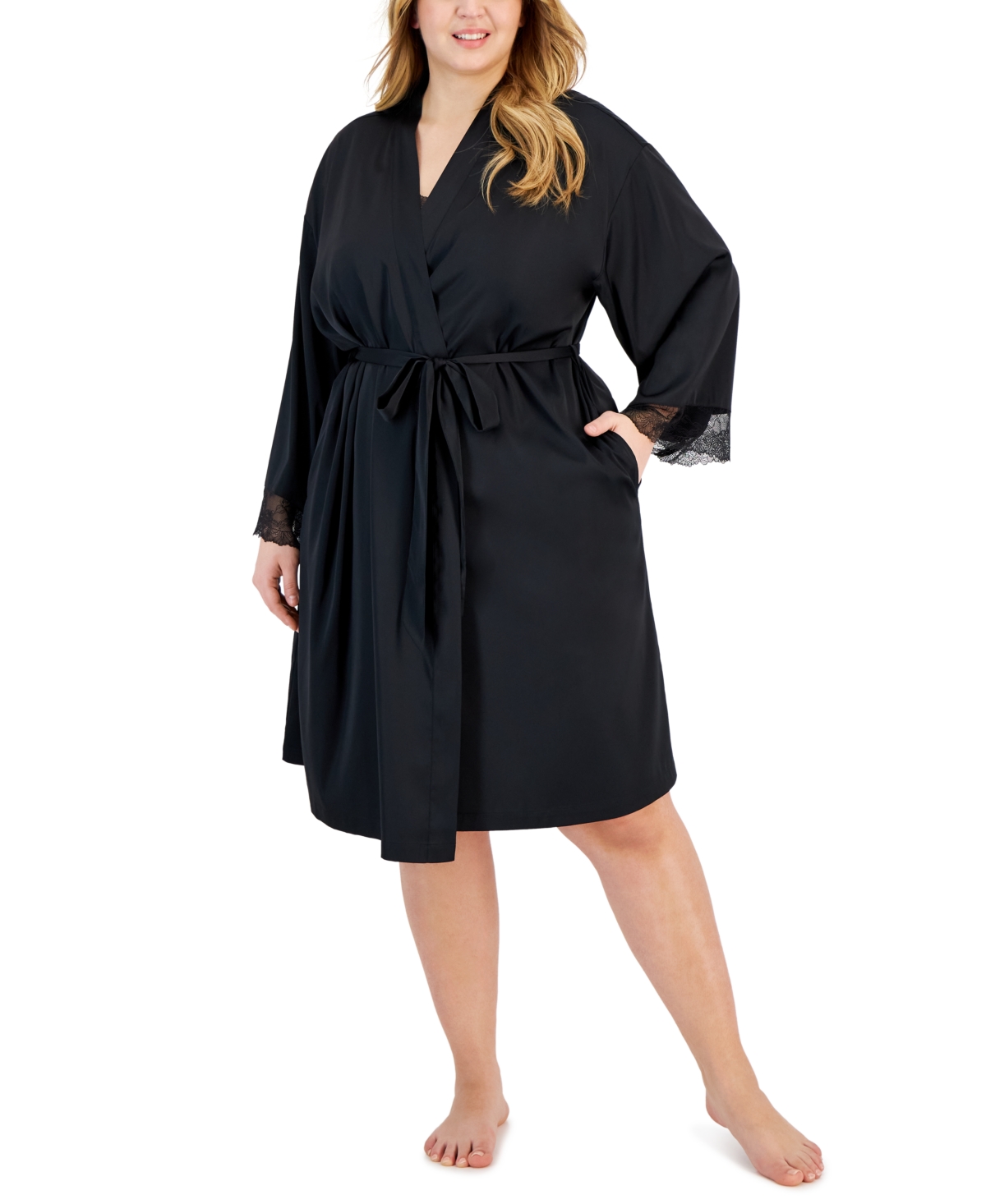 Inc International Concepts Plus Size Lace-trim Stretch Satin Robe, Created For Macy's In Deep Black