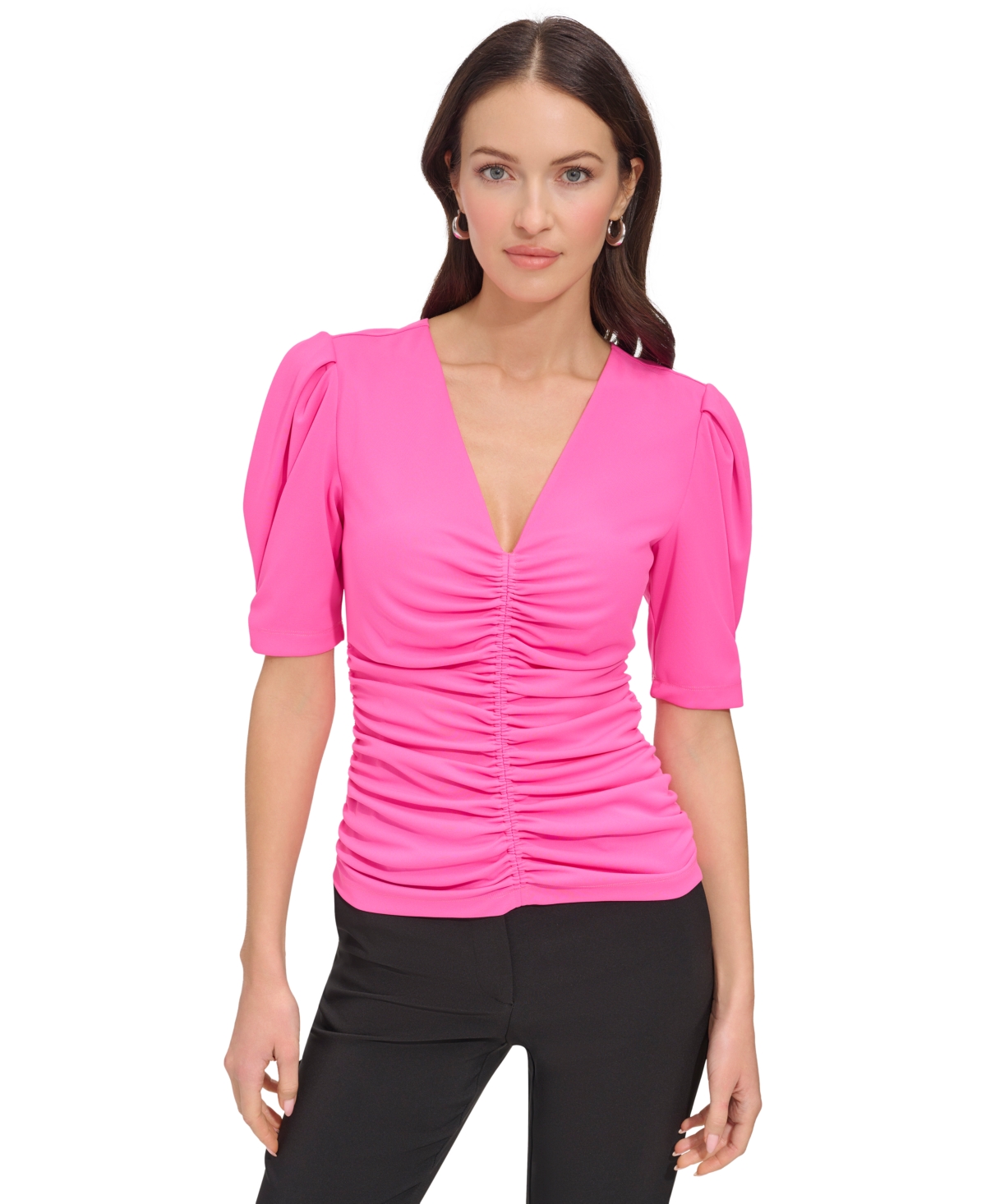 Shop Dkny Women's V-neck Ruched Knit Elbow-sleeve Top In Shocking Pink