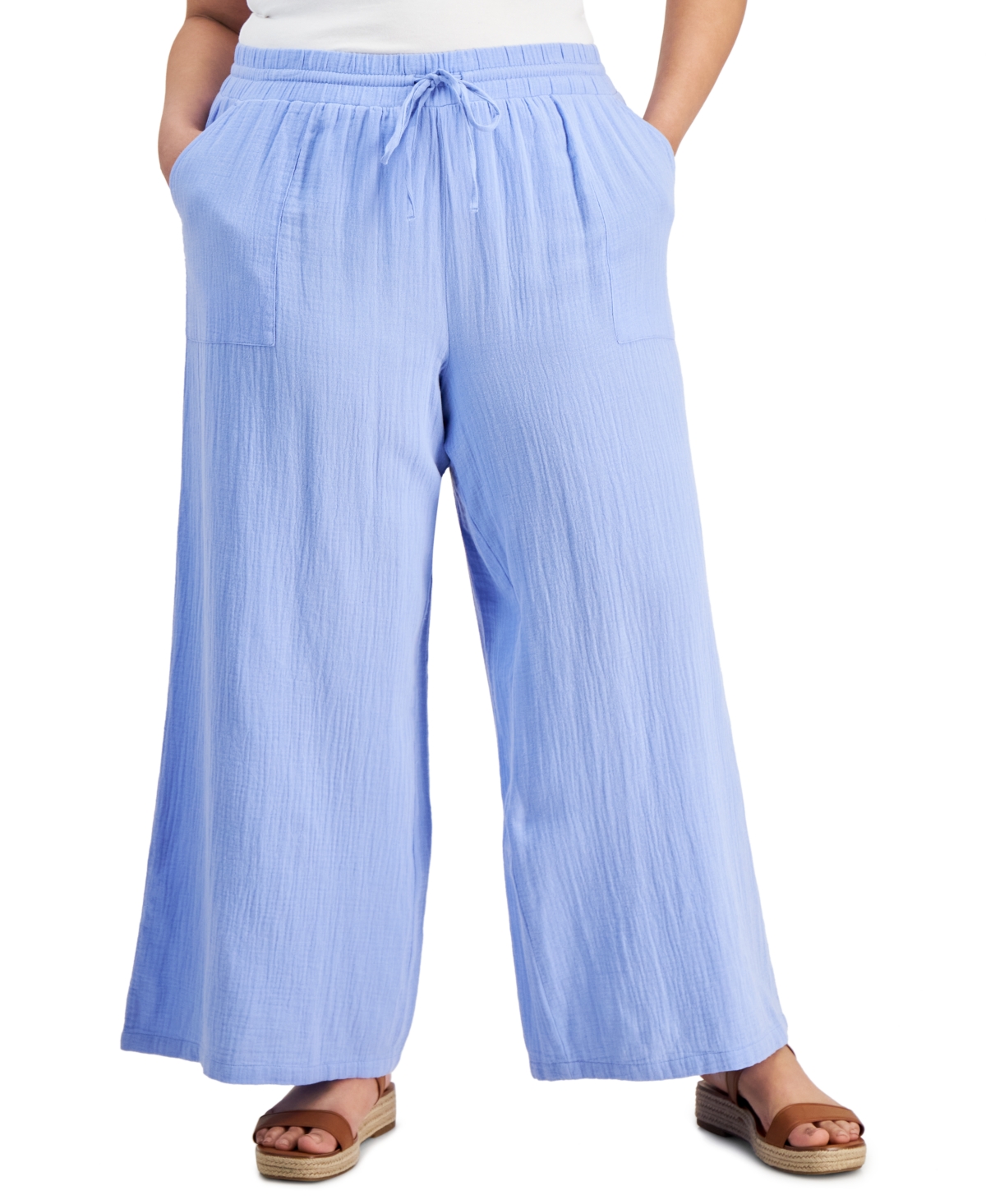 Plus Size Gauze Wide-Leg Pull-On Pants, Created for Macy's - Pleasant Periwinkle
