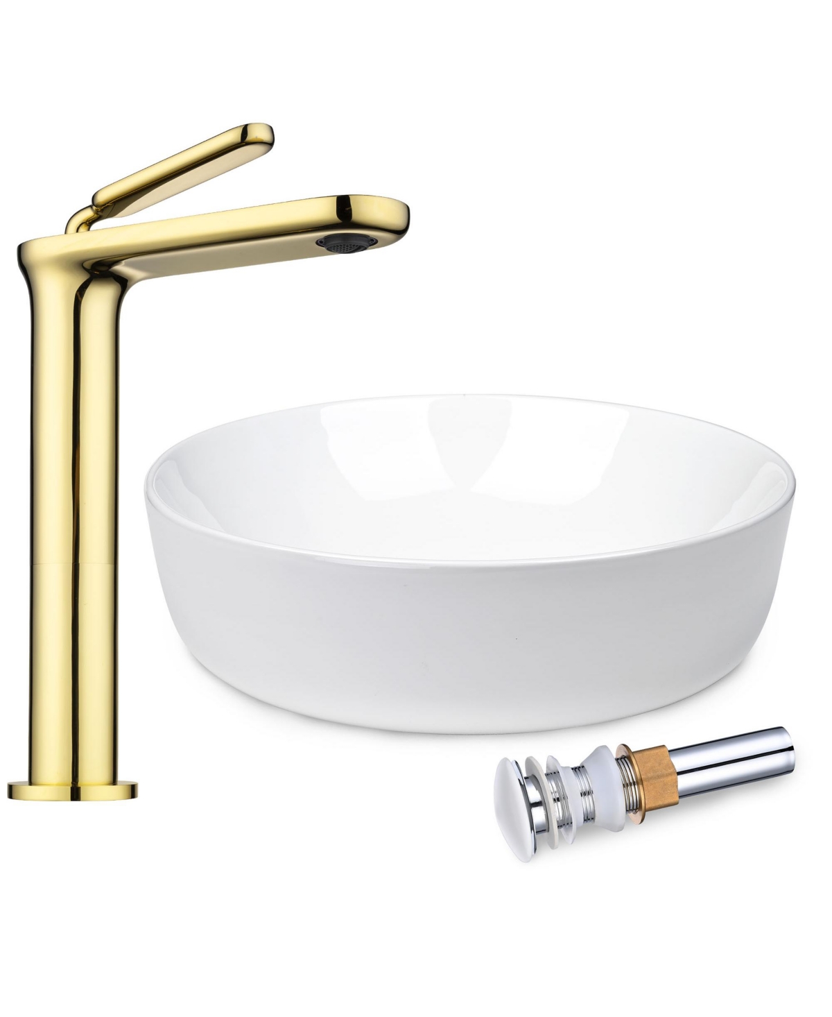 16" Ceramic Bathroom Vessel Sink and Gold Vanity Mixer Faucet w/Pop Up Drain Kit - Natural