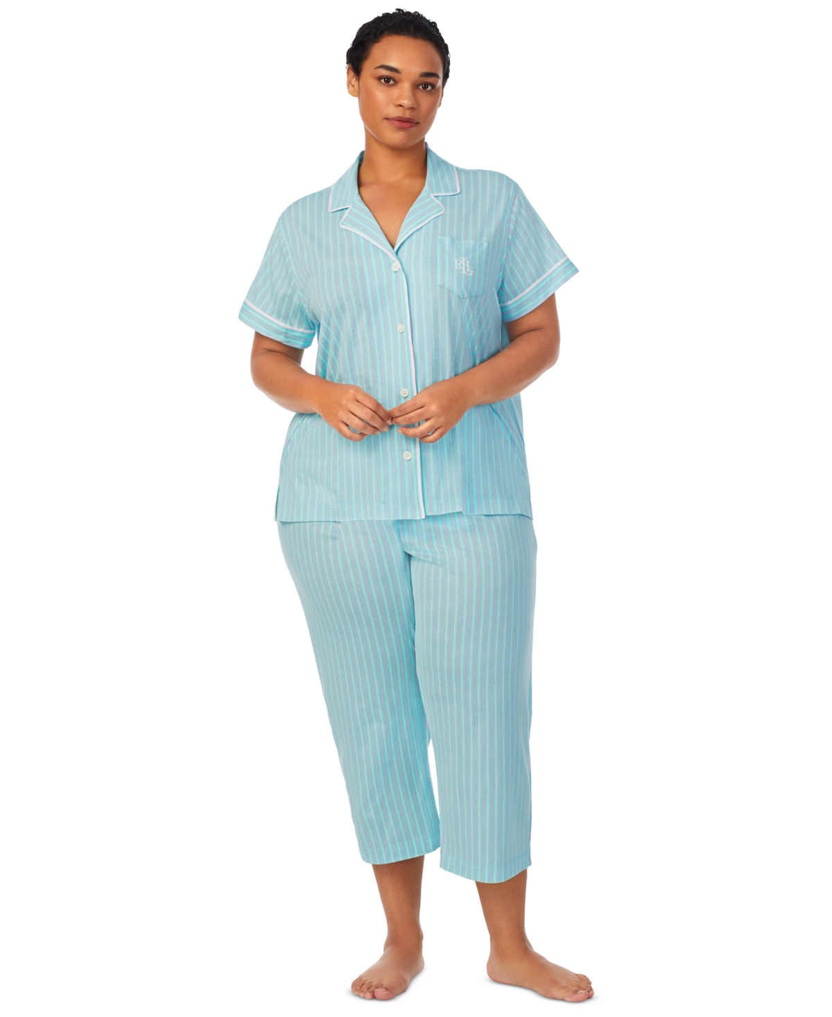 Lauren Ralph Lauren Plus Size 2-pc. Printed Capri Pajamas Set In Turquoise Stripe