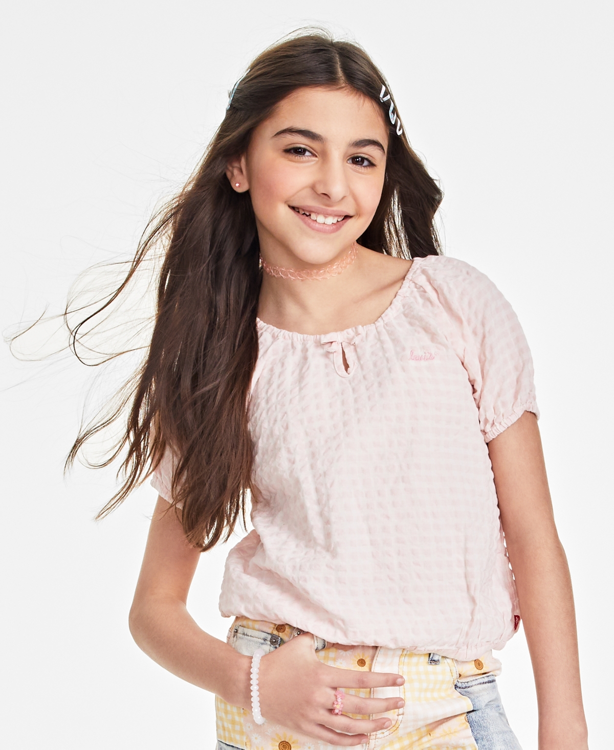 Shop Levi's Big Girls Gingham Checkered-print Peasant Blouse In Chalk Pink