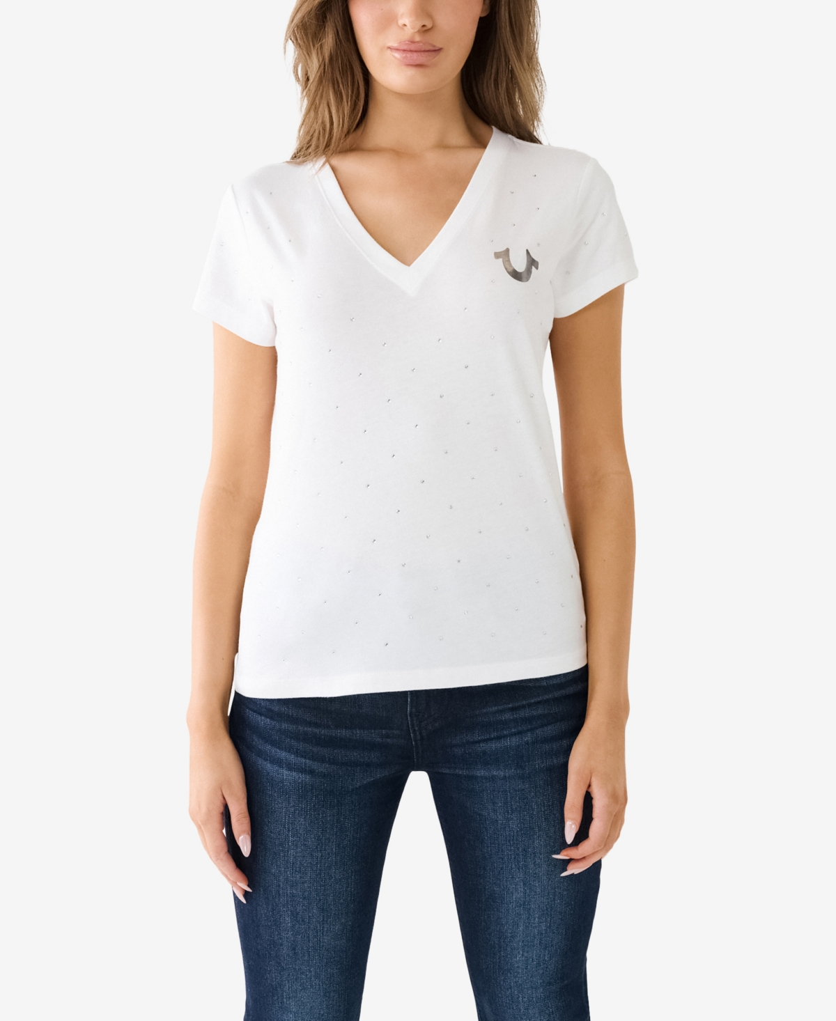 Shop True Religion Women's Short Sleeve Horseshoe Slim V-neck T-shirt In Optic White