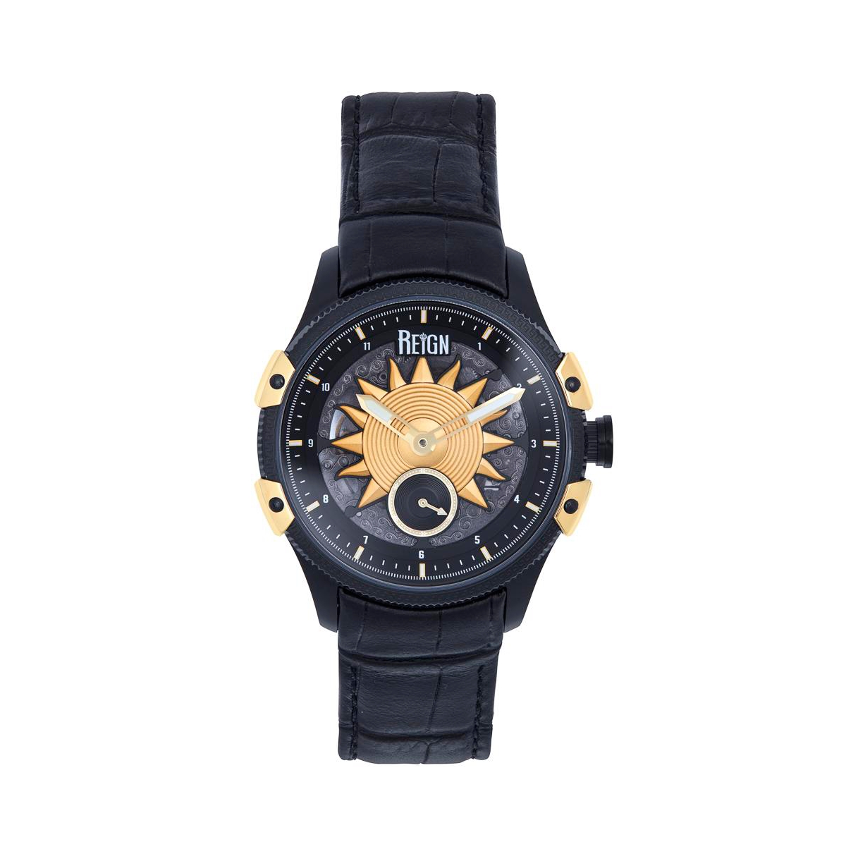 Men Solstice Automatic Semi-Skeleton Leather Strap Watch - Black/Gold - Black/gold