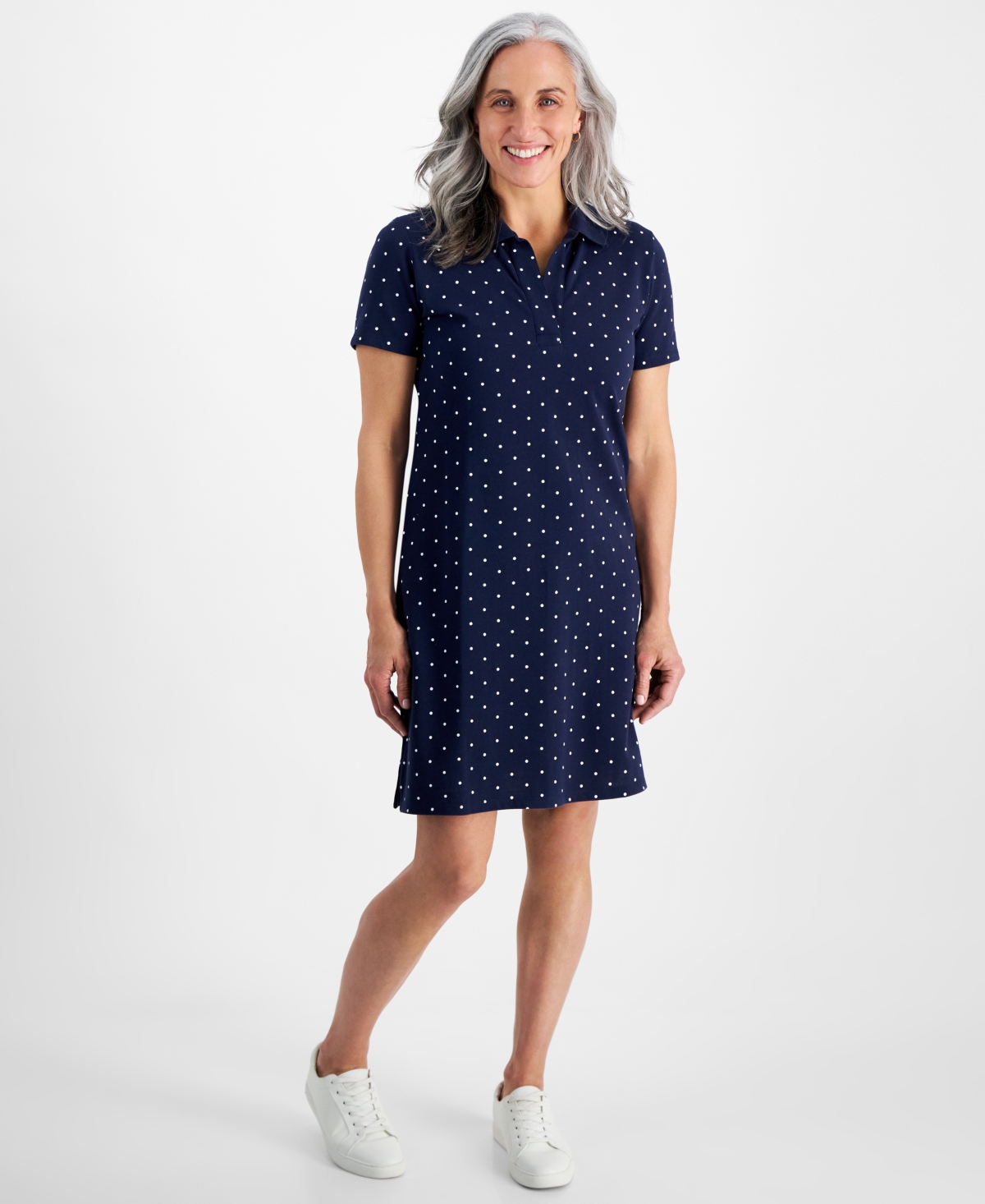 Petite Weekender Dotted Cotton Polo Shirt Dress, Created by Macy's - Dot Blue