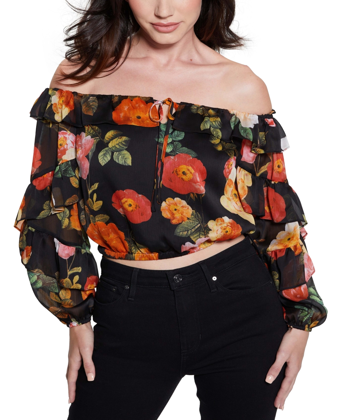 Guess Women's Shani Floral Print Off-the-shoulder Top In Peony Charm Print Black