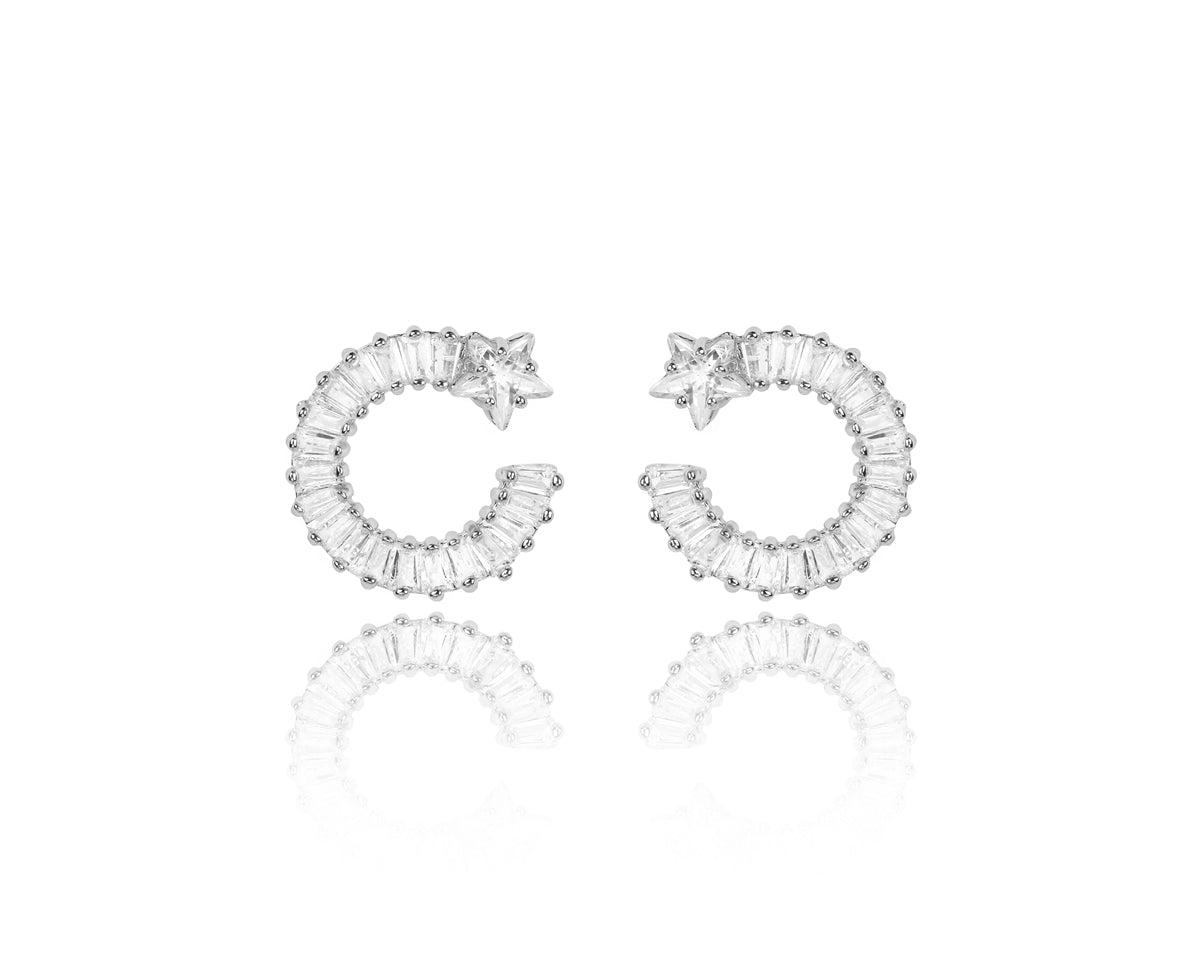 Shooting Star Earrings with White Diamond Cubic Zirconia - Silver
