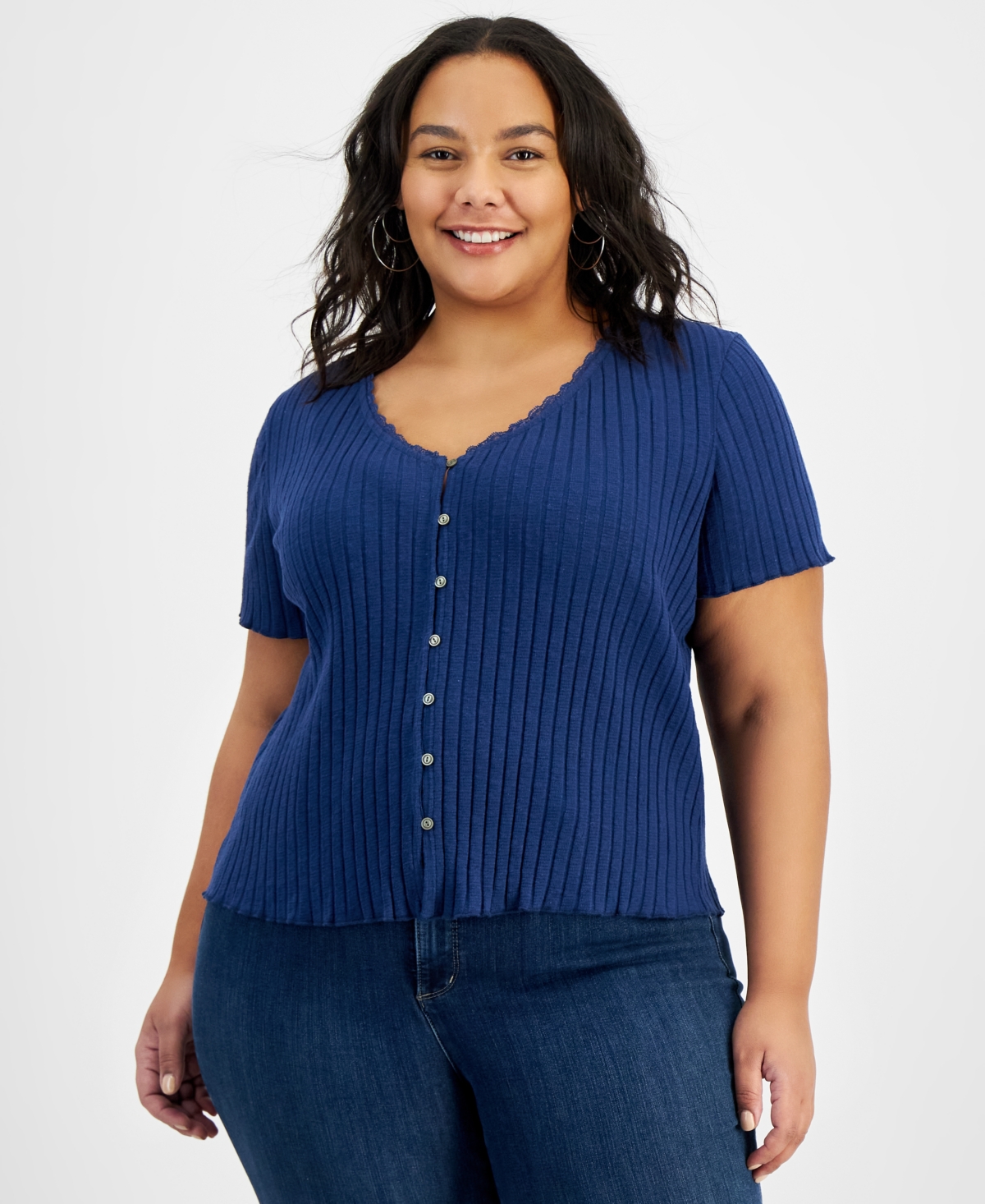 Shop And Now This Trendy Plus Size Ribbed Short-sleeve Top In Navy