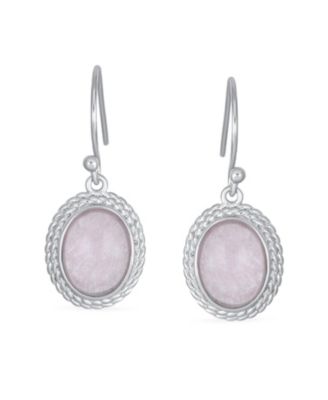 Western Style Natural Pink Quartz Milgrain Cable Edge Oval Drop Earrings Sterling Silver Wire Fish Hook