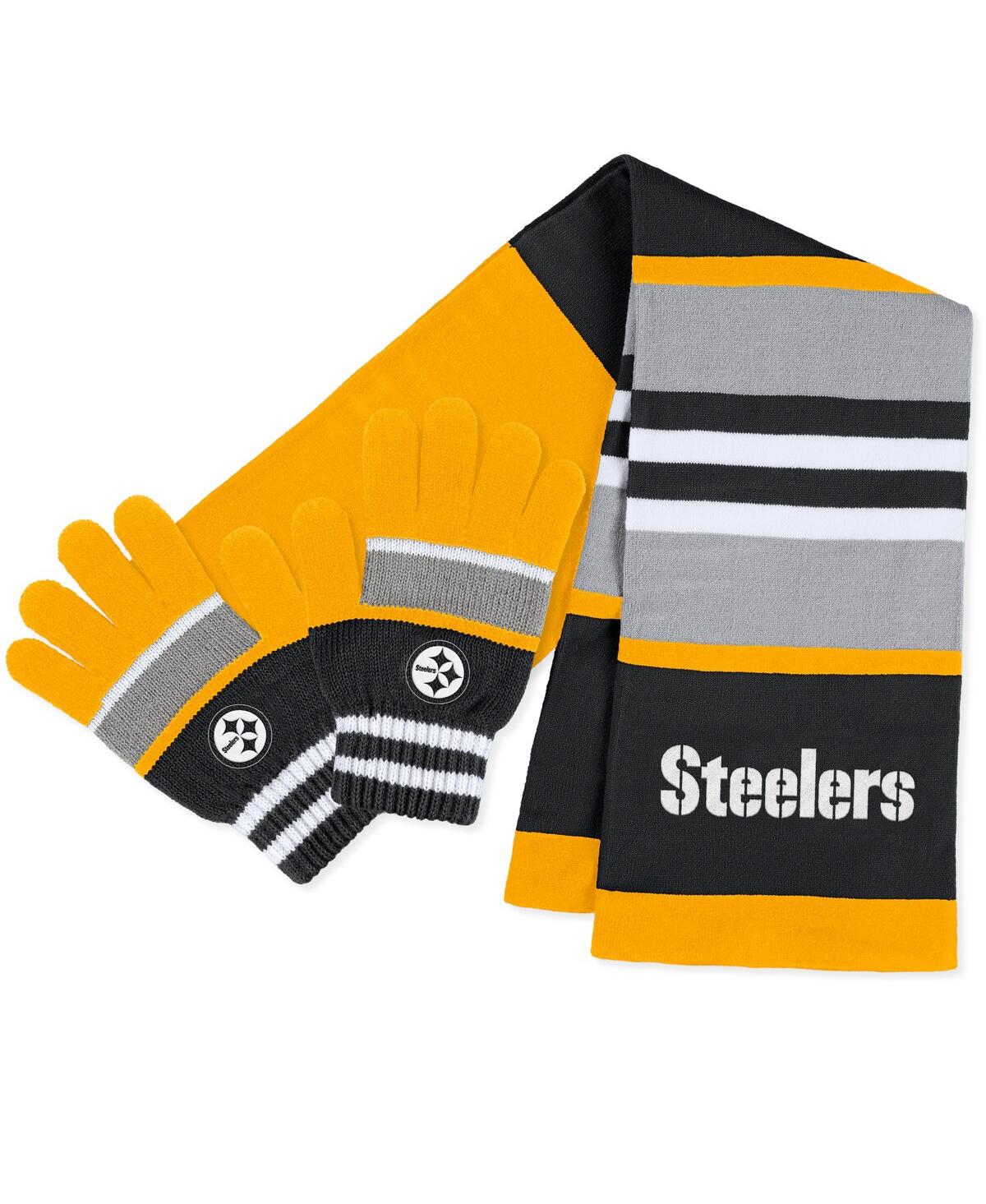 Wear By Erin Andrews Women's  Pittsburgh Steelers Stripe Glove And Scarf Set In Yellow,black