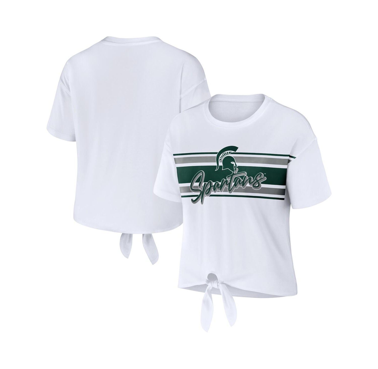 Women's White Michigan State Spartans Striped Front Knot Cropped T-shirt
