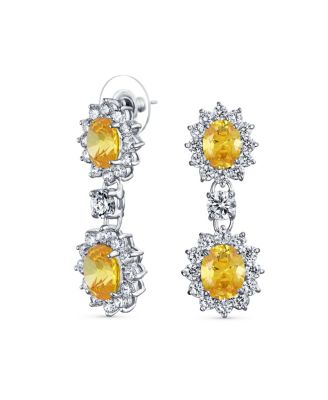 Art Deco Style Crown Halo Oval Jewel Red CZ Drop Earrings Silver Plated