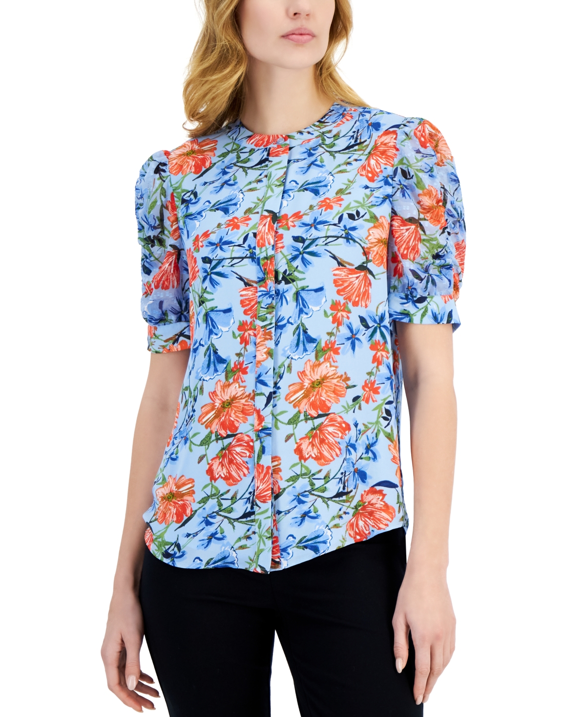 Shop T Tahari Women's Floral-print Puff-sleeve Mandarin-collar Top In Water Garden Blue Print
