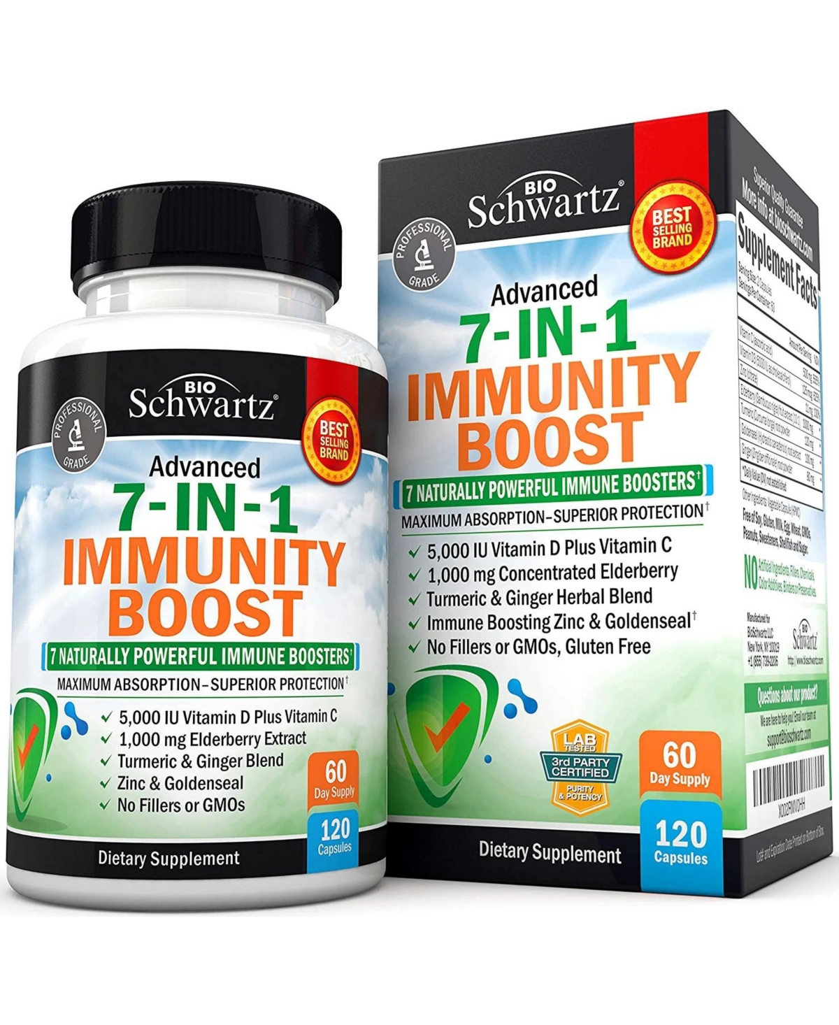 Immune Support Supplement - Zinc, Vitamin C, D3, Elderberry, Goldenseal - Immunity Vitamins, 120 Capsules
