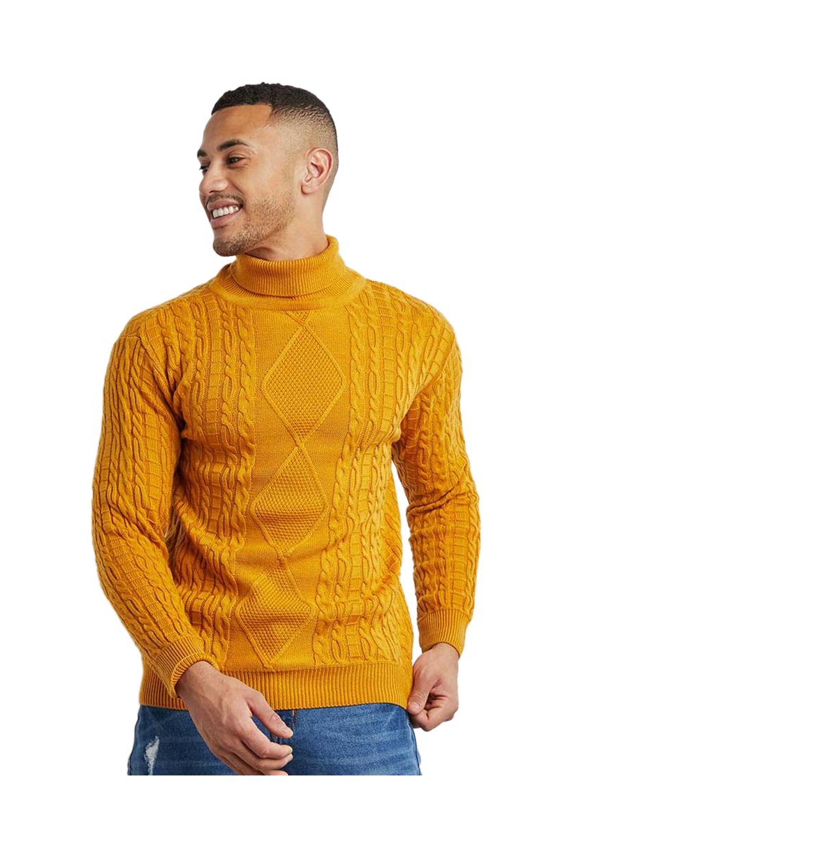 Campus Sutra Men's Mustard Yellow Relaxed Cable-knit Pullover Sweater