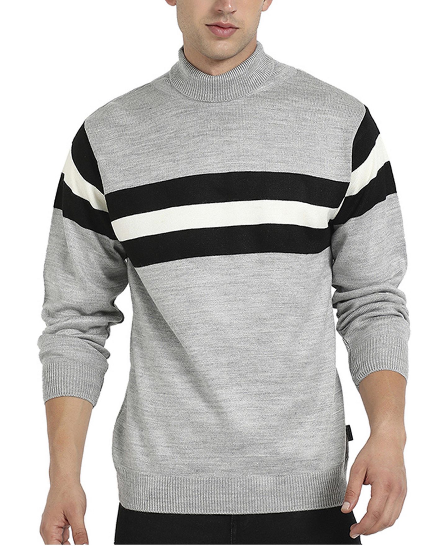 Мужской свитер Campus Sutra Light Grey Relaxed Horizontal Striped Pullover, цвет: Светлый серый — фото 1