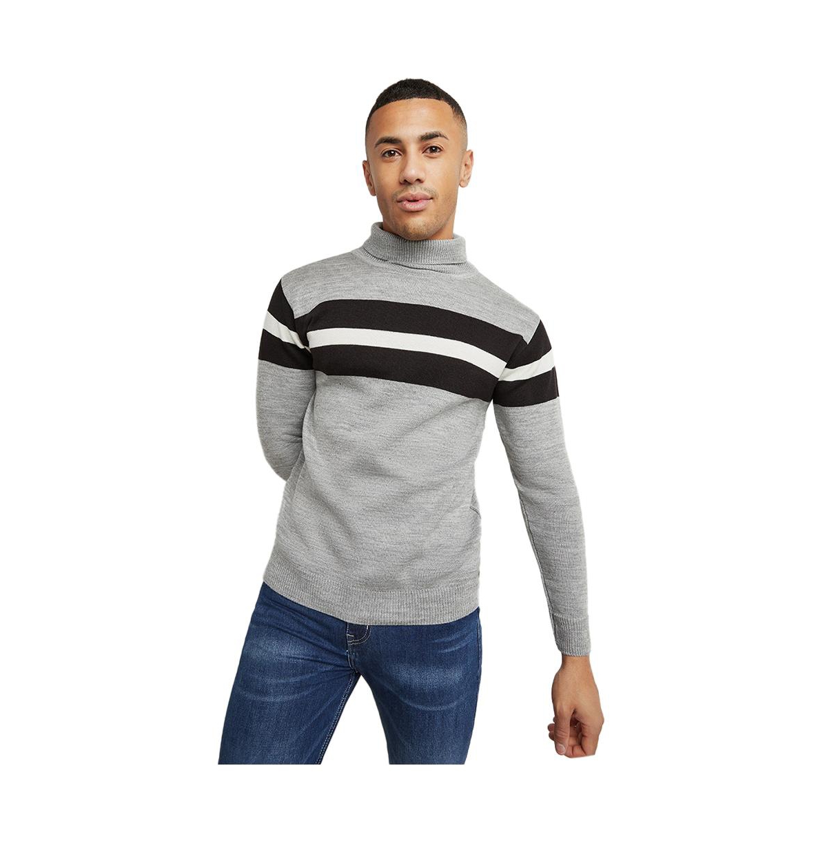 Men's Light Grey Relaxed Horizontal Striped Pullover Sweater - Light grey