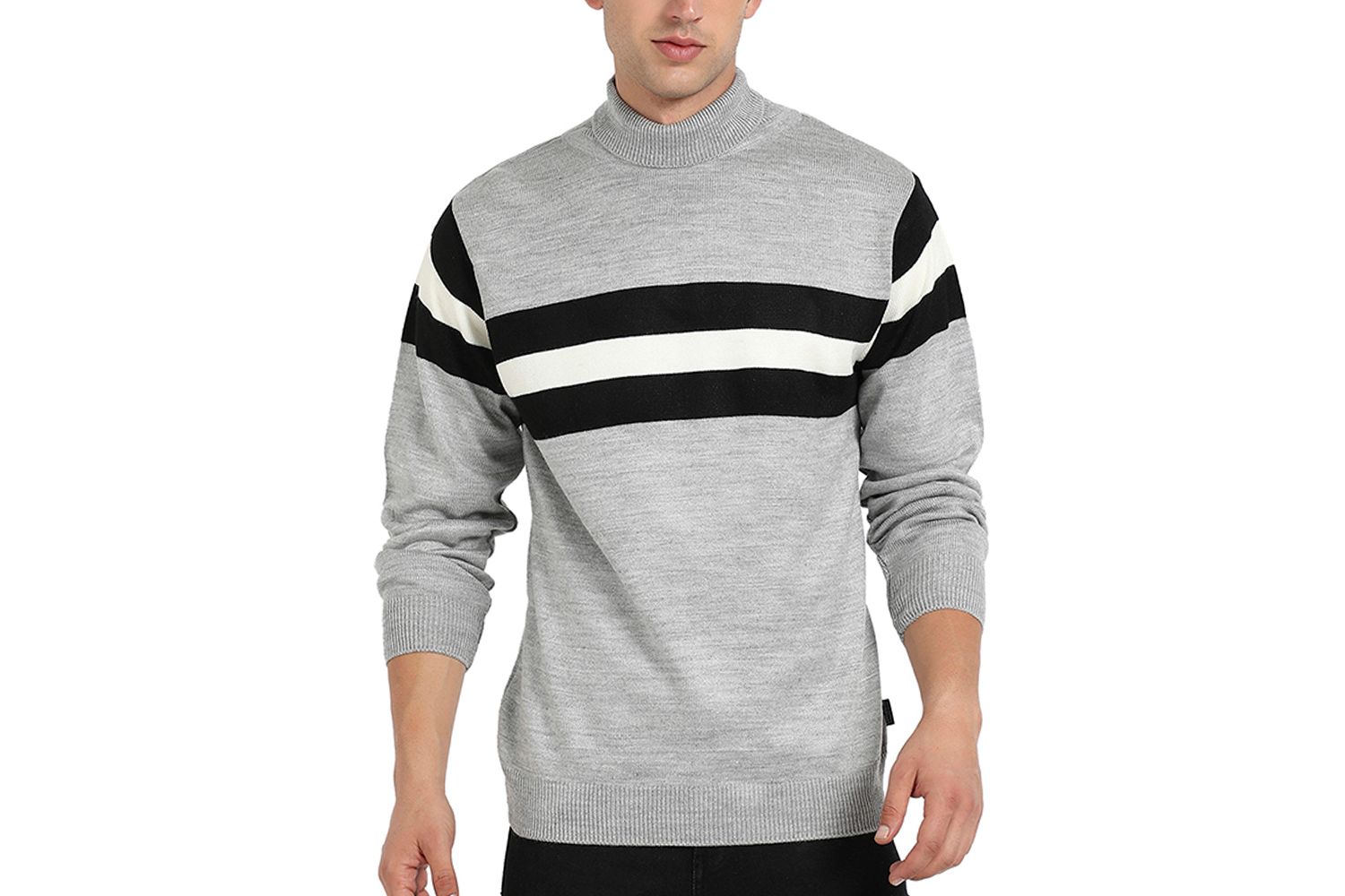 Men's Light Grey Relaxed Horizontal Striped Pullover Sweater