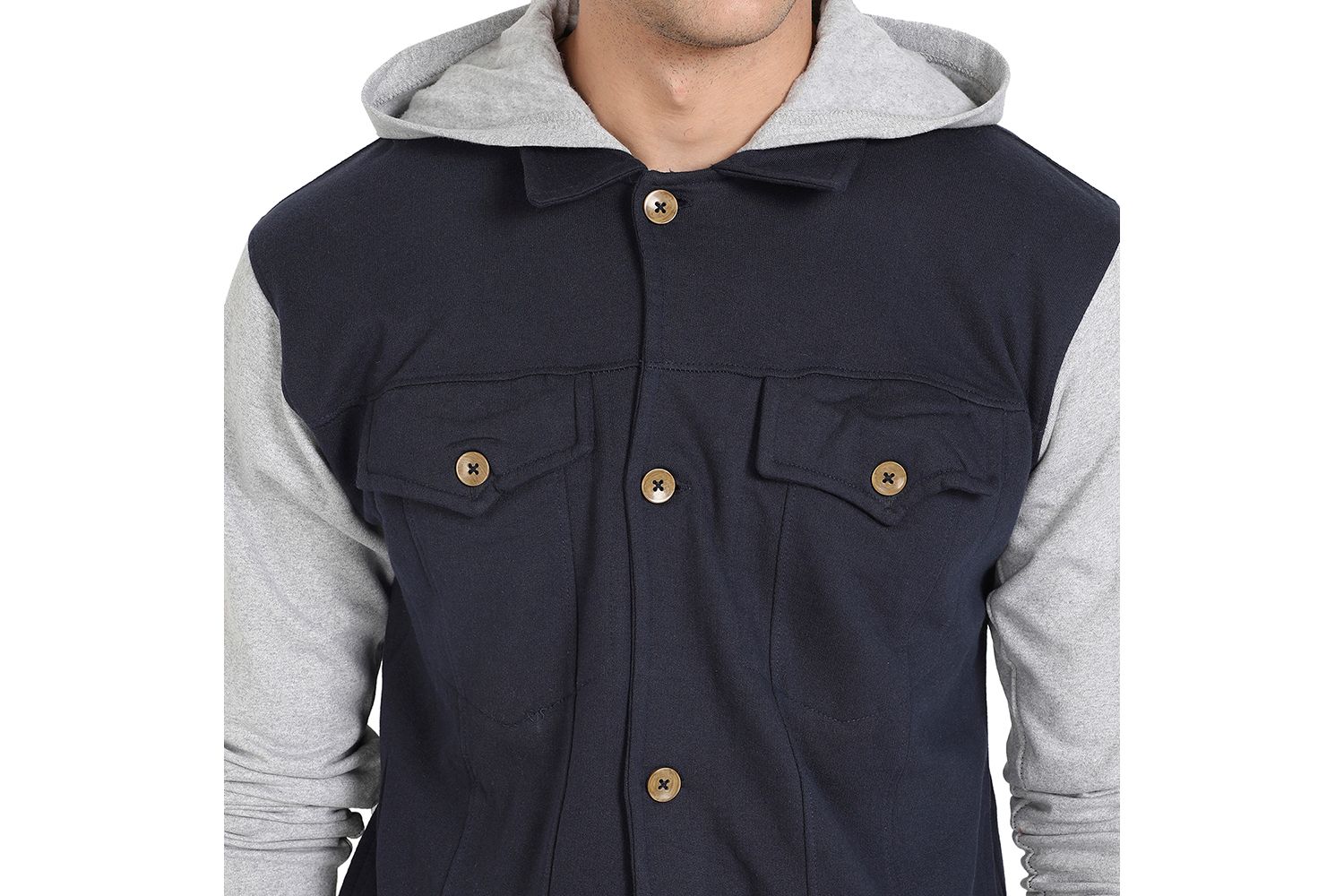Men's Grey and Navy Blue Button-Front Jacket With Contrast Detail