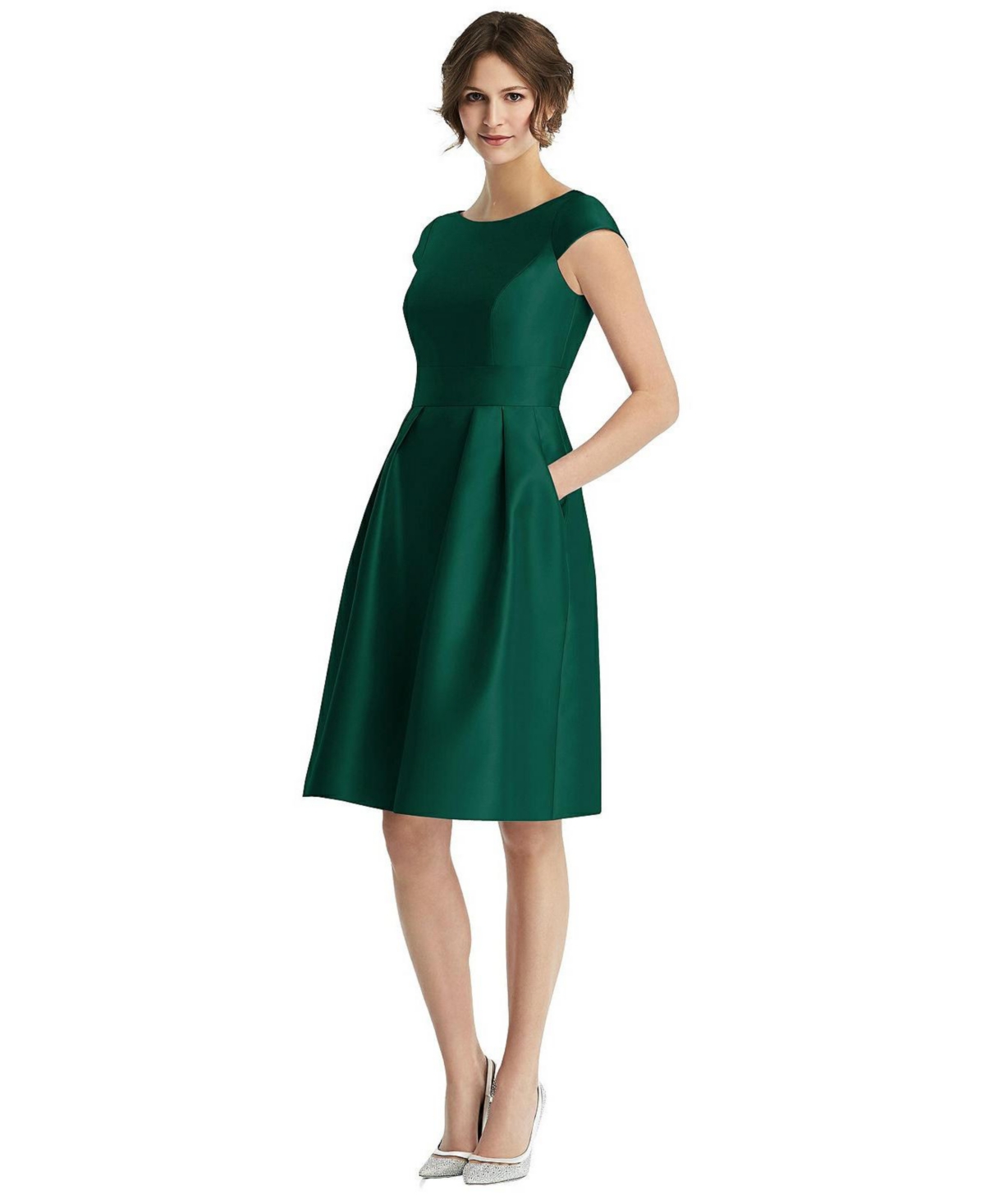 ALFRED SUNG WOMENS CAP SLEEVE PLEATED COCKTAIL DRESS WITH POCKETS
