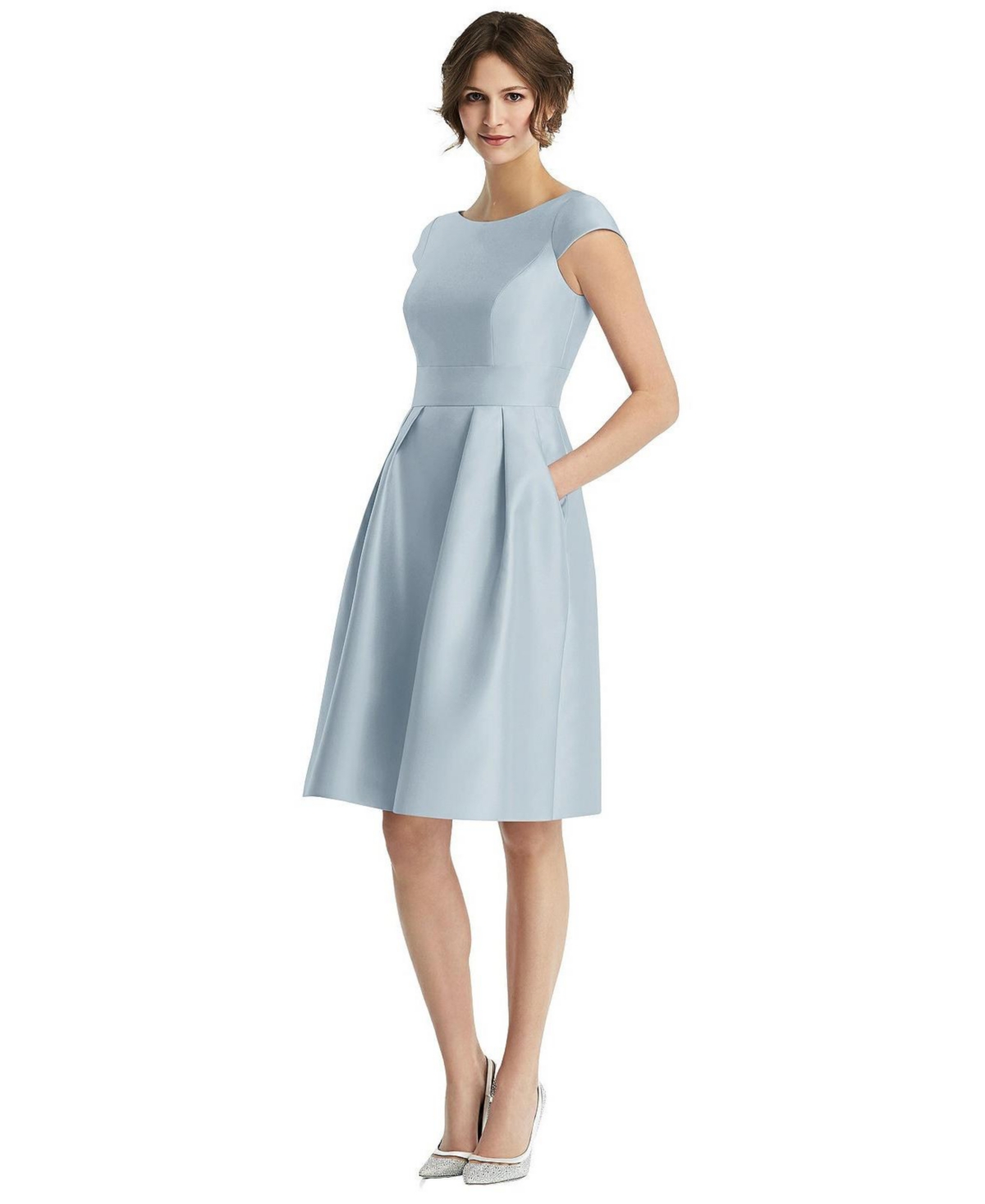 Womens Cap Sleeve Pleated Cocktail Dress with Pockets - Mist