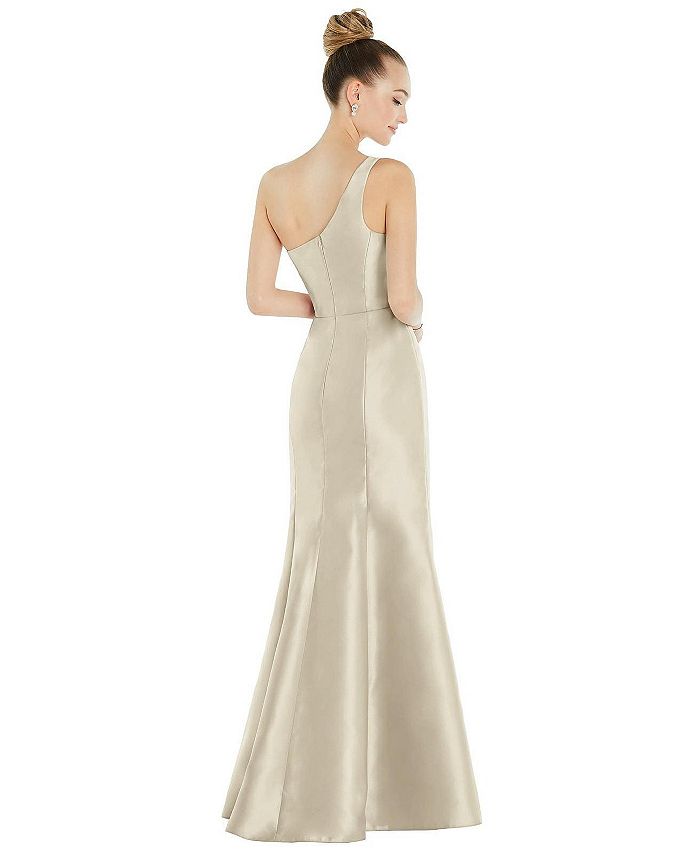 Alfred Sung Draped One-Shoulder Satin Trumpet Gown with Front Slit - Macy's