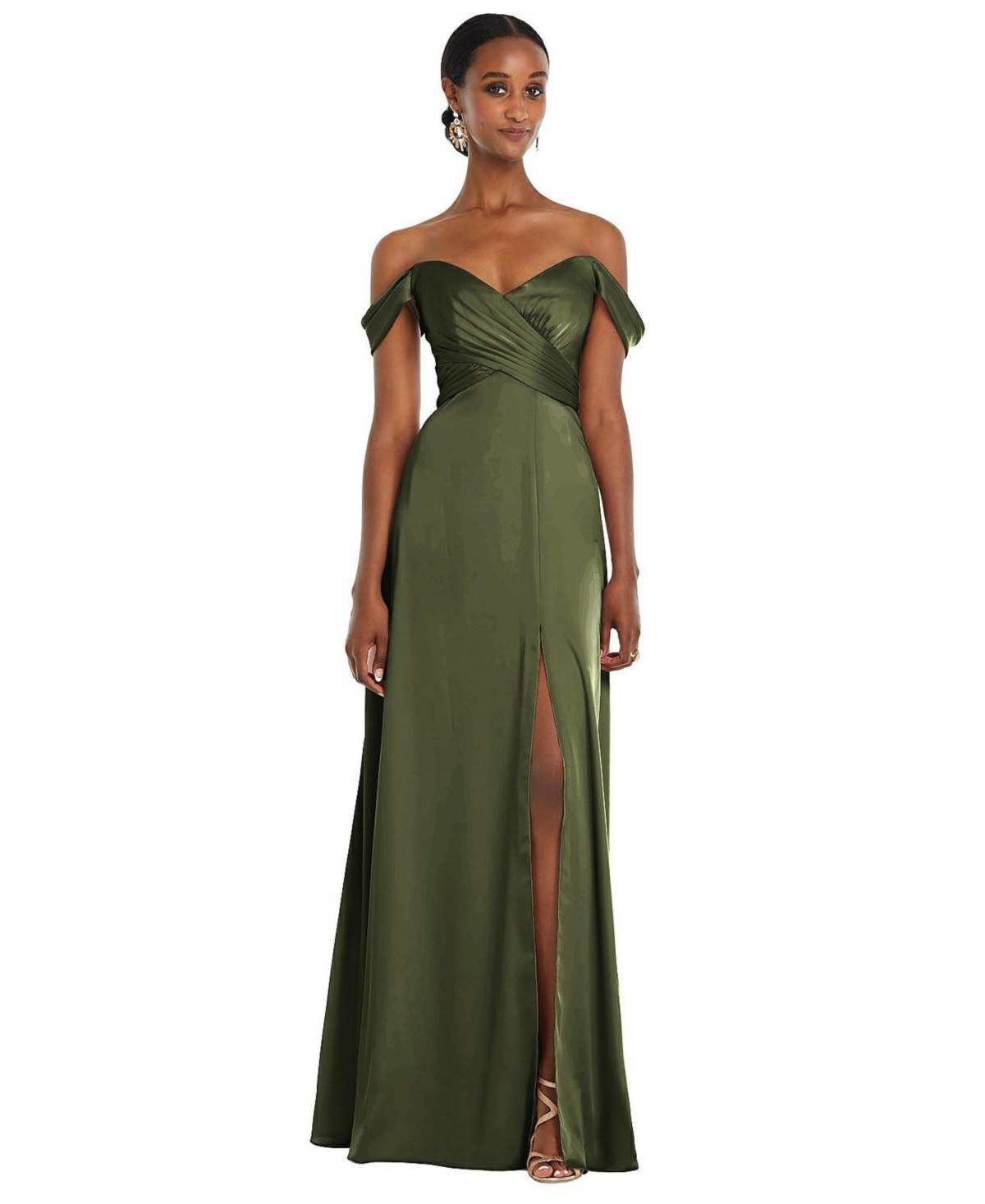 Womens Off-the-Shoulder Flounce Sleeve Empire Waist Gown with Front Slit - Olive green