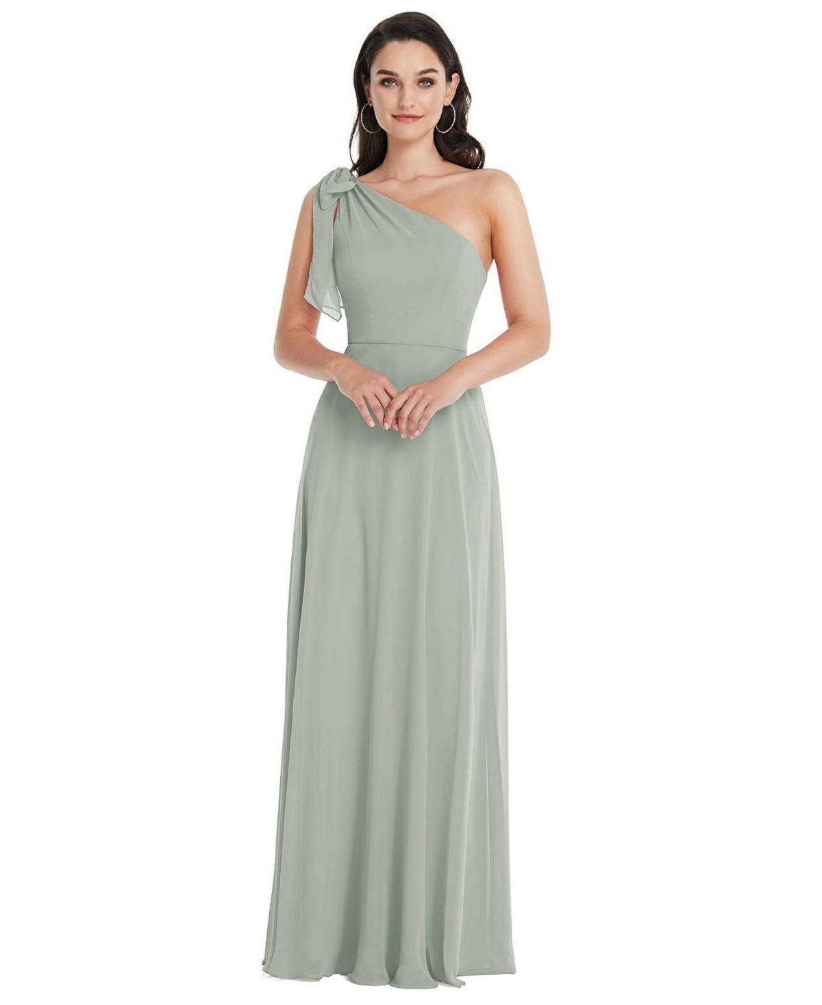 Womens Draped One-Shoulder Maxi Dress with Scarf Bow - Willow green