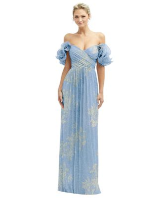 Women's Dramatic Ruffle Edge Convertible Strap Metallic Pleated Maxi Dress with Floral Gold Foil Print