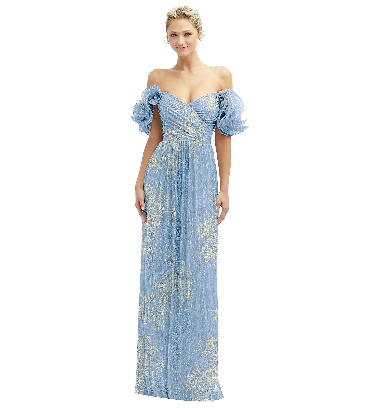 Женское платье After Six Dramatic Ruffle Edge Convertible Strap Metallic Pleated Maxi with Floral Gold Foil Print, цвет: Золотой — фото 1