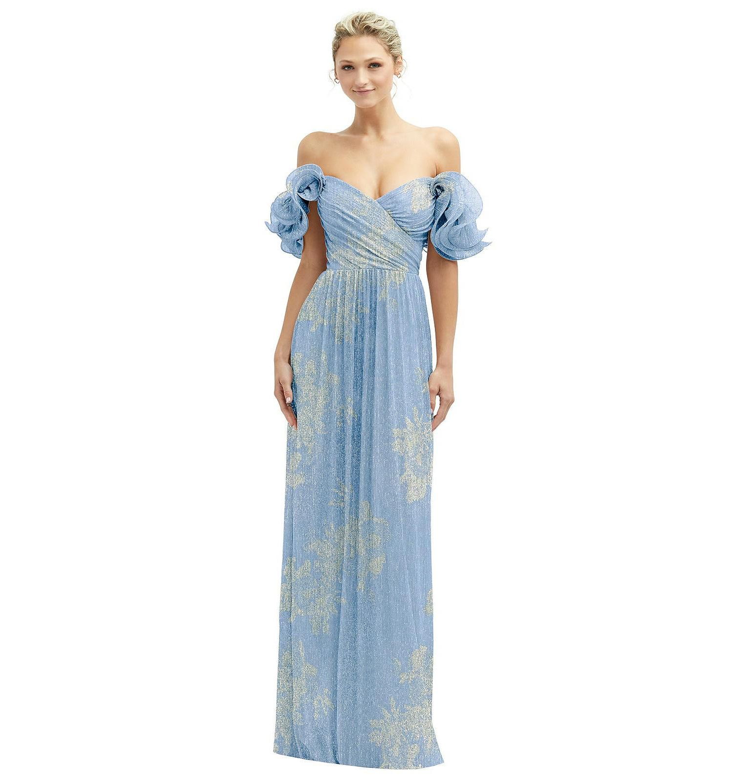 Women's Dramatic Ruffle Edge Convertible Strap Metallic Pleated Maxi Dress with Floral Gold Foil Print