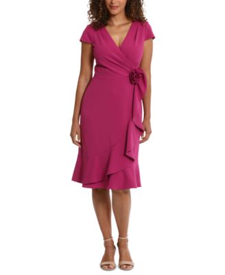 London Times - Petite Short-Sleeve V-Neck Faux-Wrap Dress