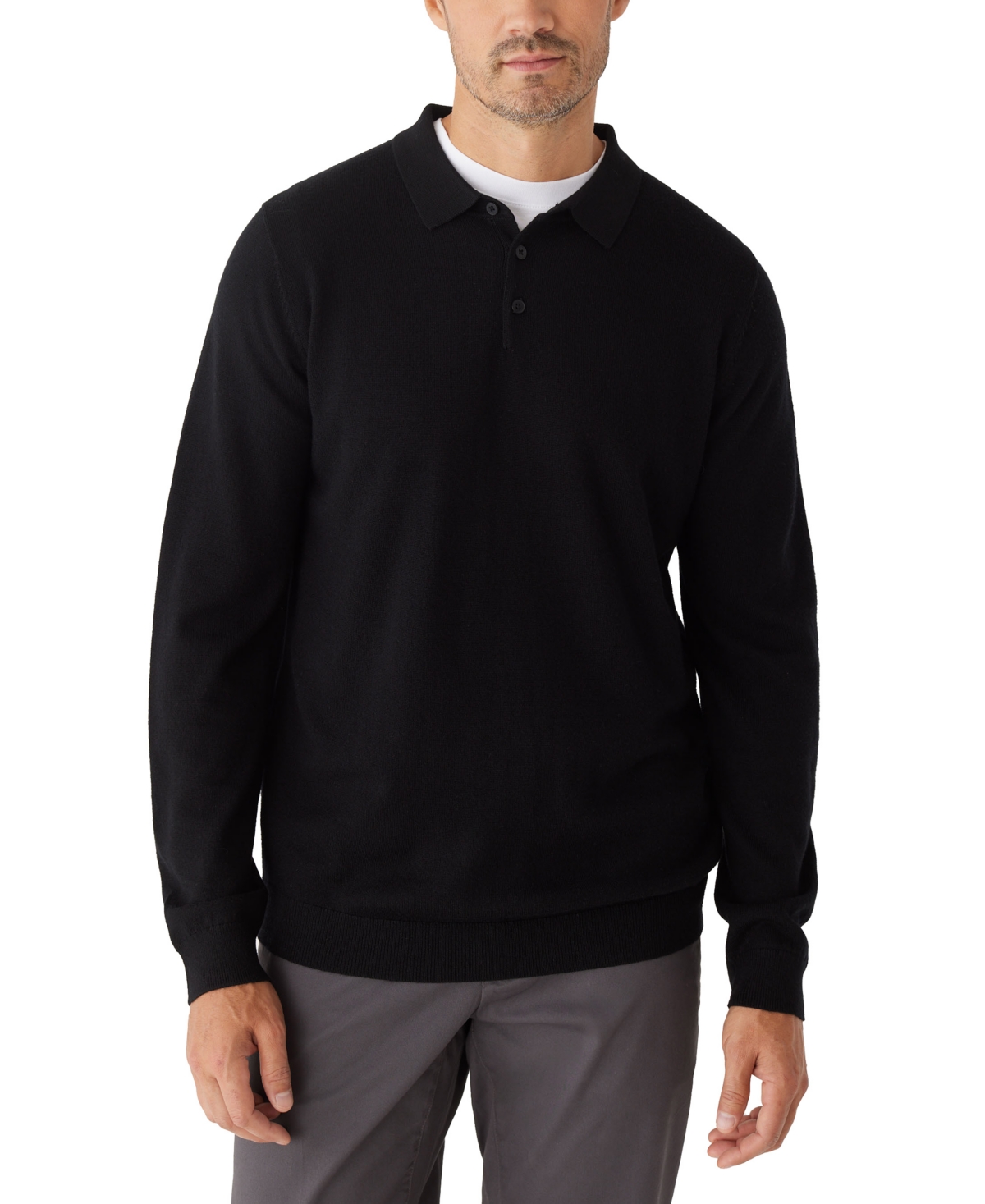 Men's Merino Wool Long-Sleeve Polo Sweater - Black