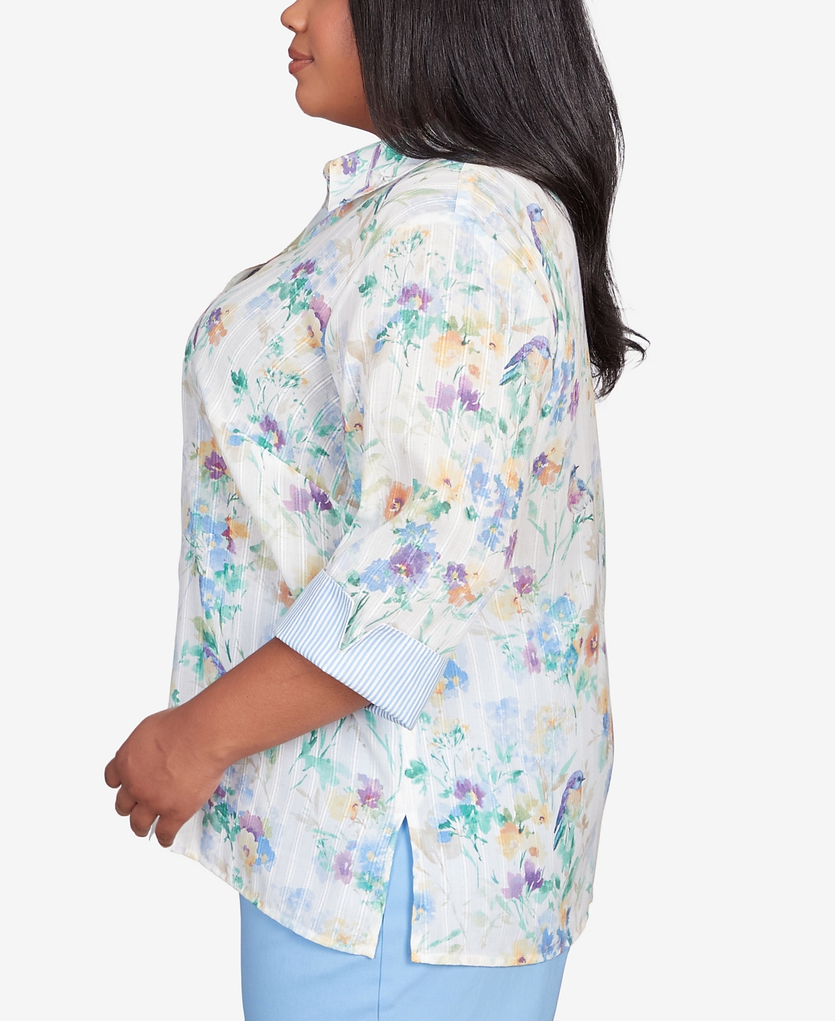Alfred Dunner Plus Size Classic Pastels Painted Birds Button Down Top