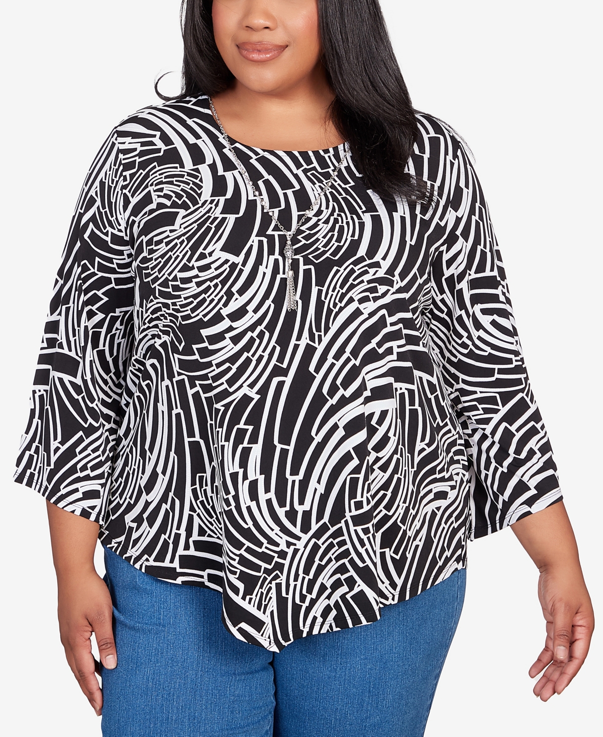 Alfred Dunner Plus Size Classic Puff Print Geo Waves Top With Necklace In Black,white