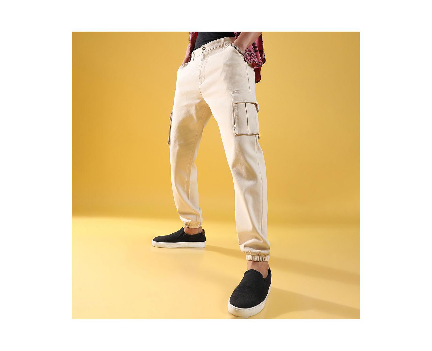 Men's Beige Cuffed Hem Cargo Trousers