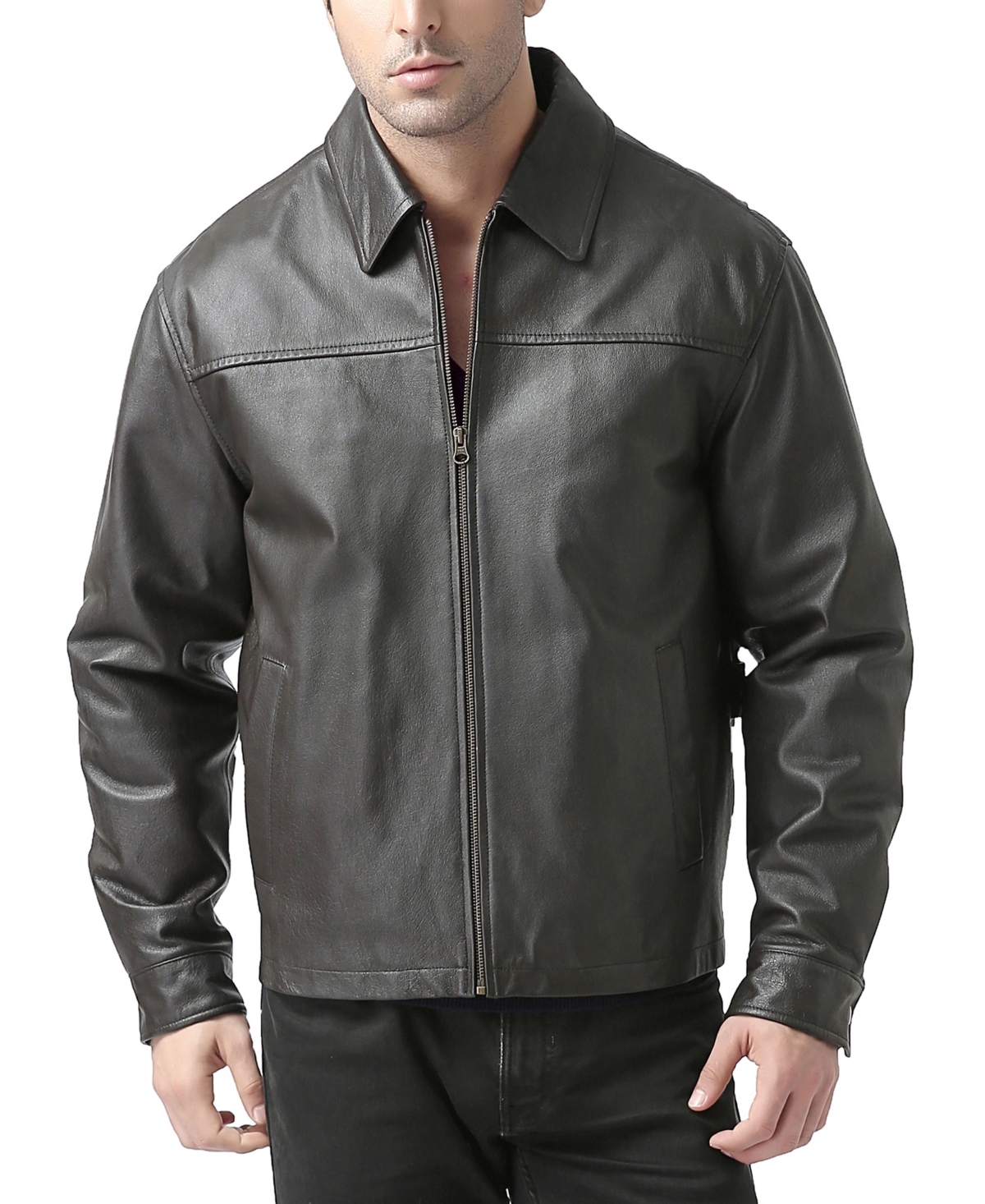Men Greg Open Bottom Zip Front Leather Jacket - Tall - Black