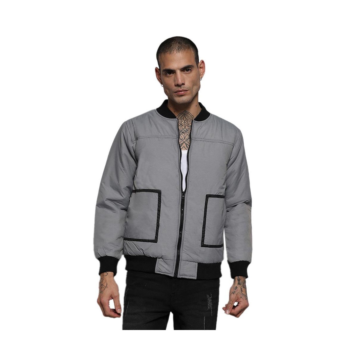 Men's Light Grey Zip-Front Puffer Jacket With Contrast Detail - Light grey