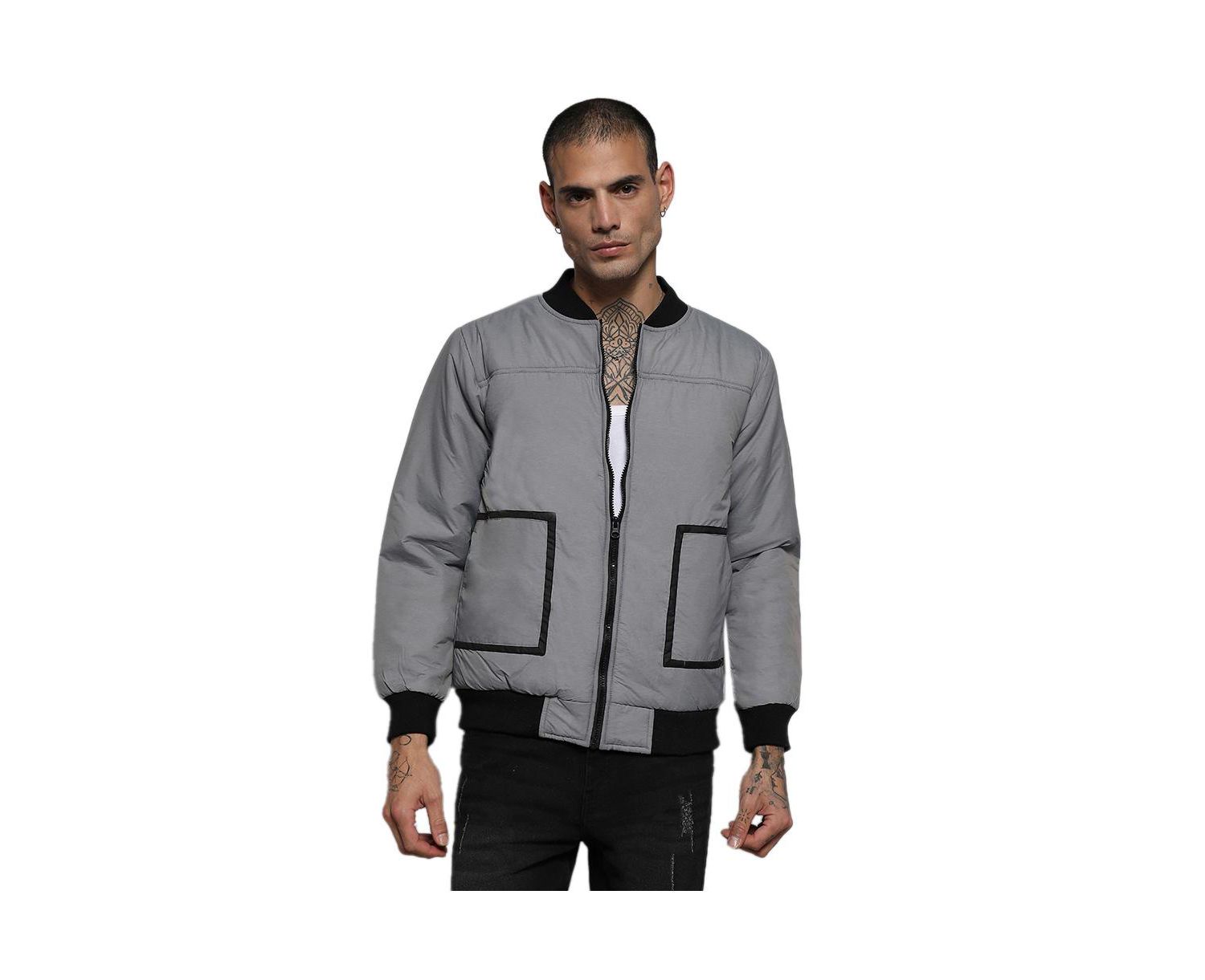Men's Light Grey Zip-Front Puffer Jacket With Contrast Detail