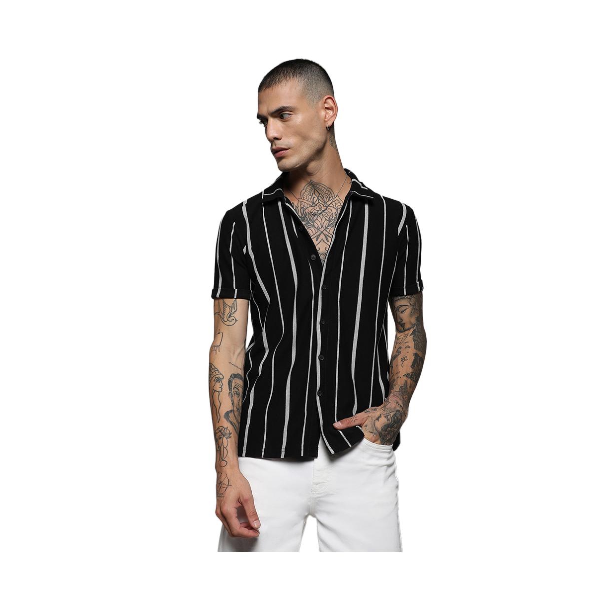 Men's Black & White Pencil Striped Shirt - Multicolor