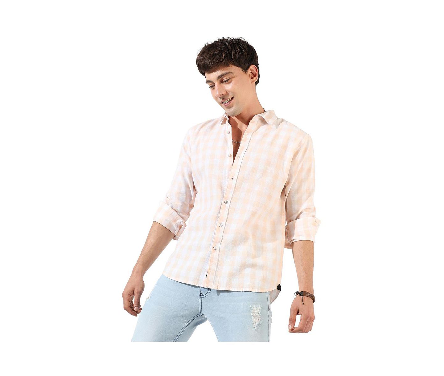 Мужская рубашка Cahoot Campus Sutra White And Peach Checkered Regular Fit Casual, цвет: Разноцветный — фото 1