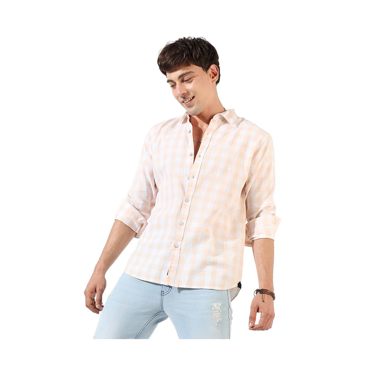 Men's White And Peach Checkered Regular Fit Casual Shirt - Multicolor