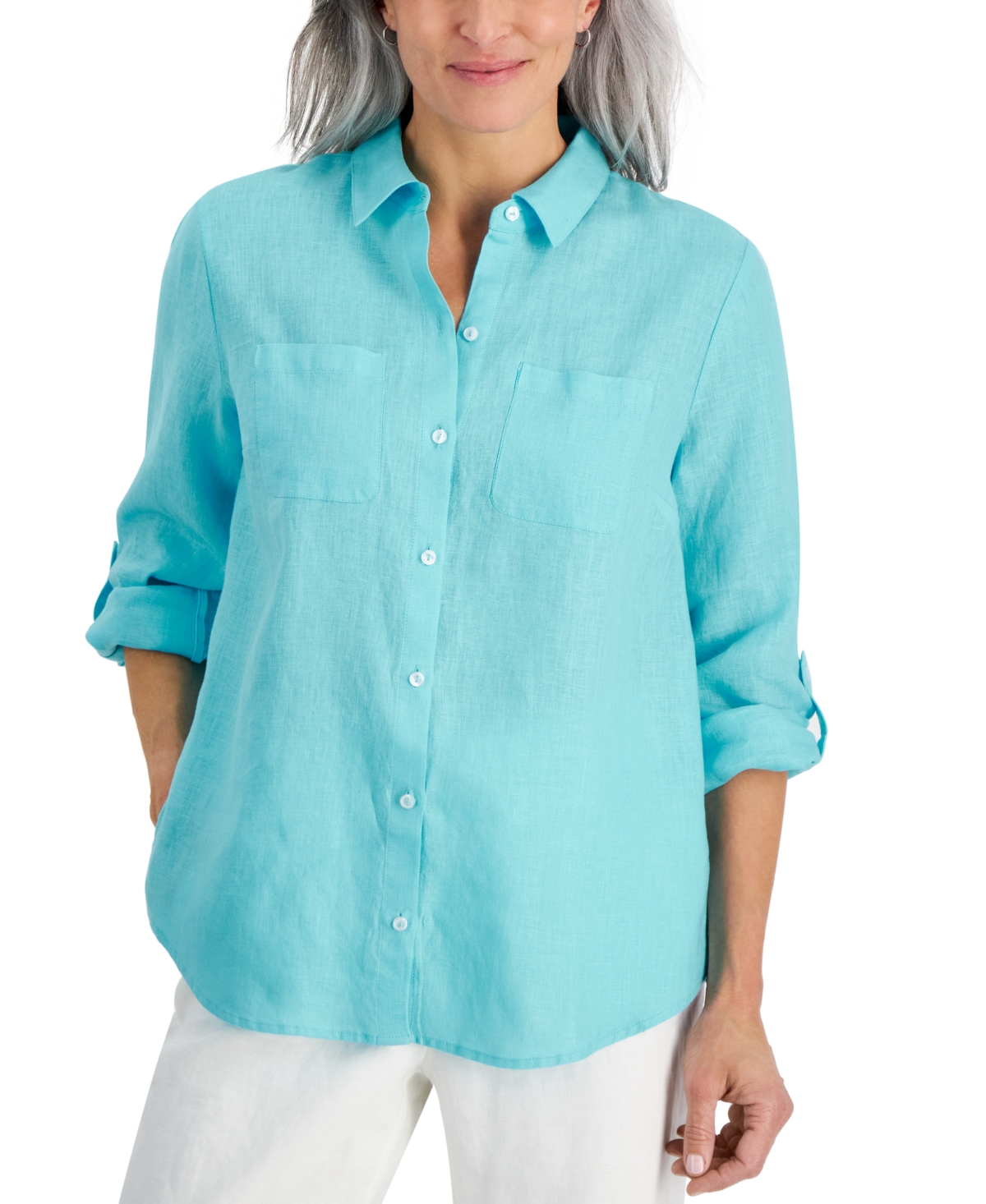 Petite 100% Linen Button-Front Shirt, Created for Macy's - Blue Ocean