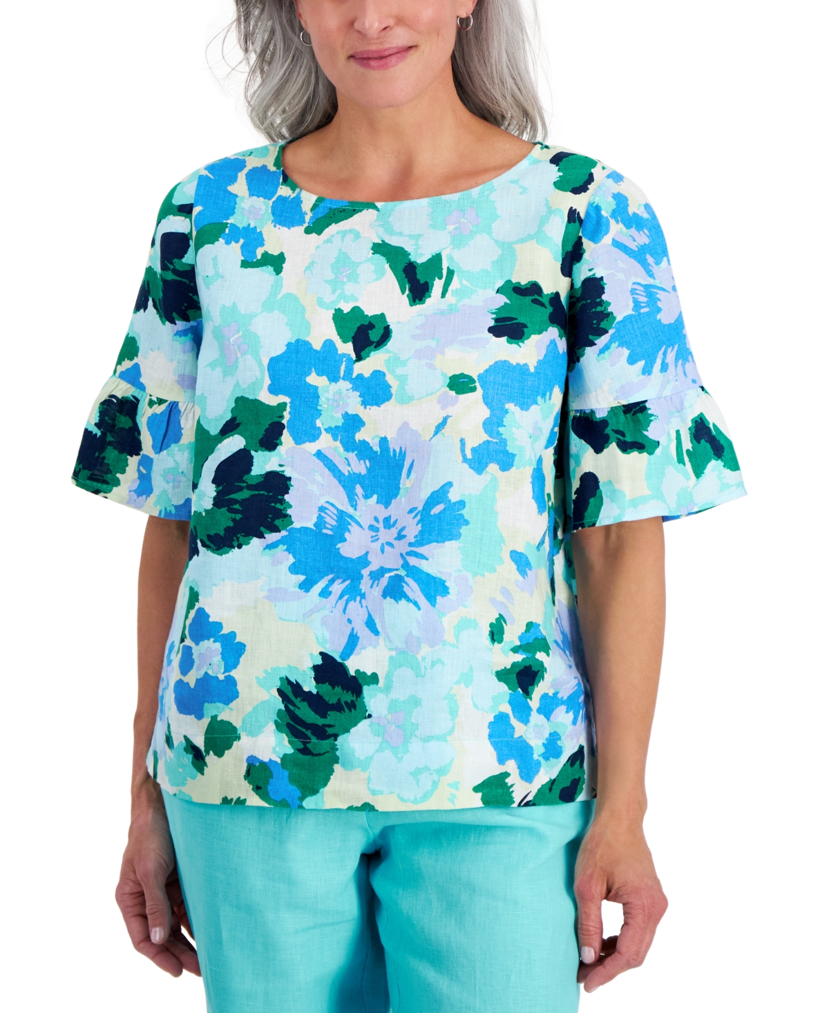 Shop Charter Club Petite 100% Linen Print Ruffle-sleeve Top, Created For Macy's In Light Pool Blue Combo