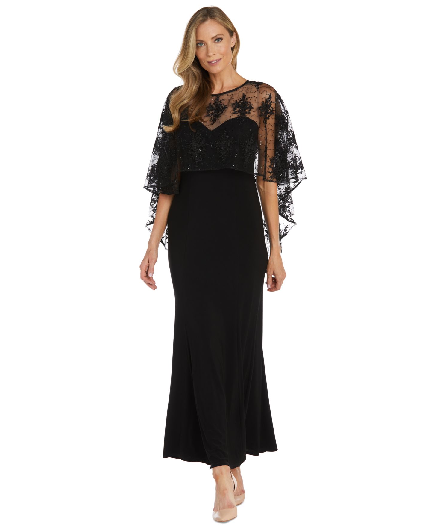 Женское платье R & M Richards Embellished-Capelet Gown, цвет: Чёрный / Серо-коричневый — фото 1