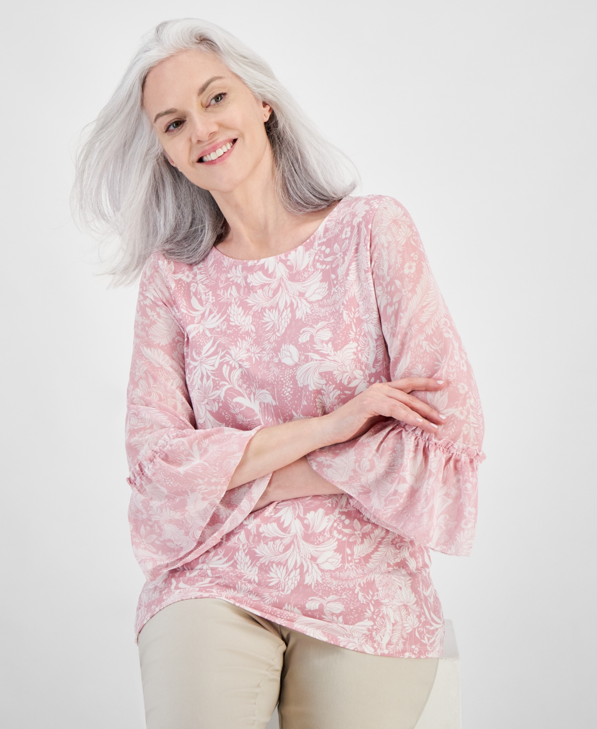 Shop Jm Collection Women's Trop Toile Bell-sleeve Top, Created For Macy's In Pink Blush Combo