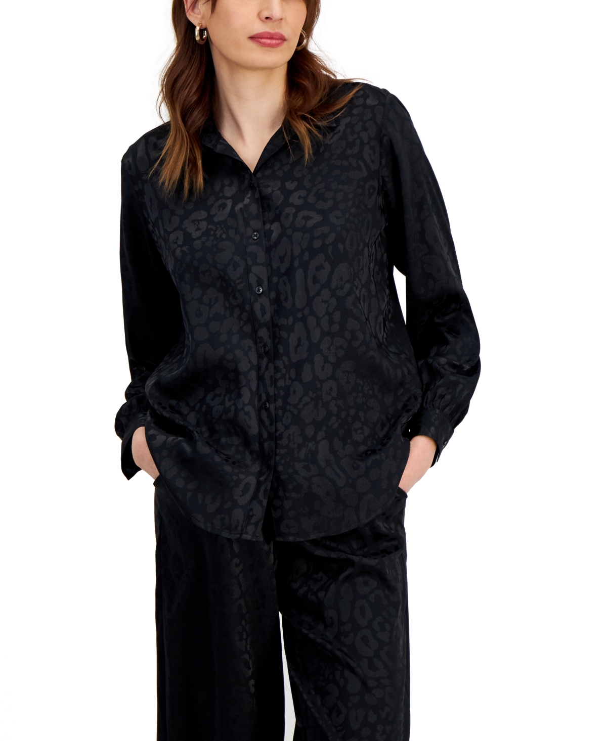 Shop Jm Collection Women's Satin Long Sleeve Button-front Shirt, Created For Macy's In Deep Black