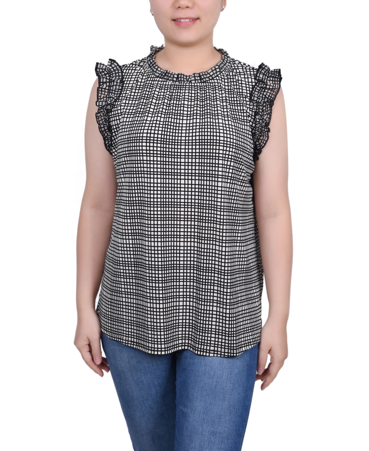 Ny Collection Plus Size Sleeveless Crepe Top With Chiffon Ruffles In Windowpane