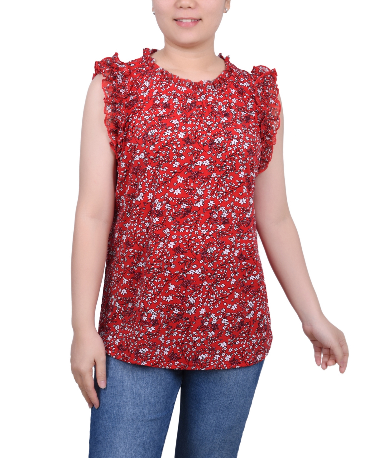 Ny Collection Plus Size Sleeveless Crepe Top With Chiffon Ruffles In Red Ditsy