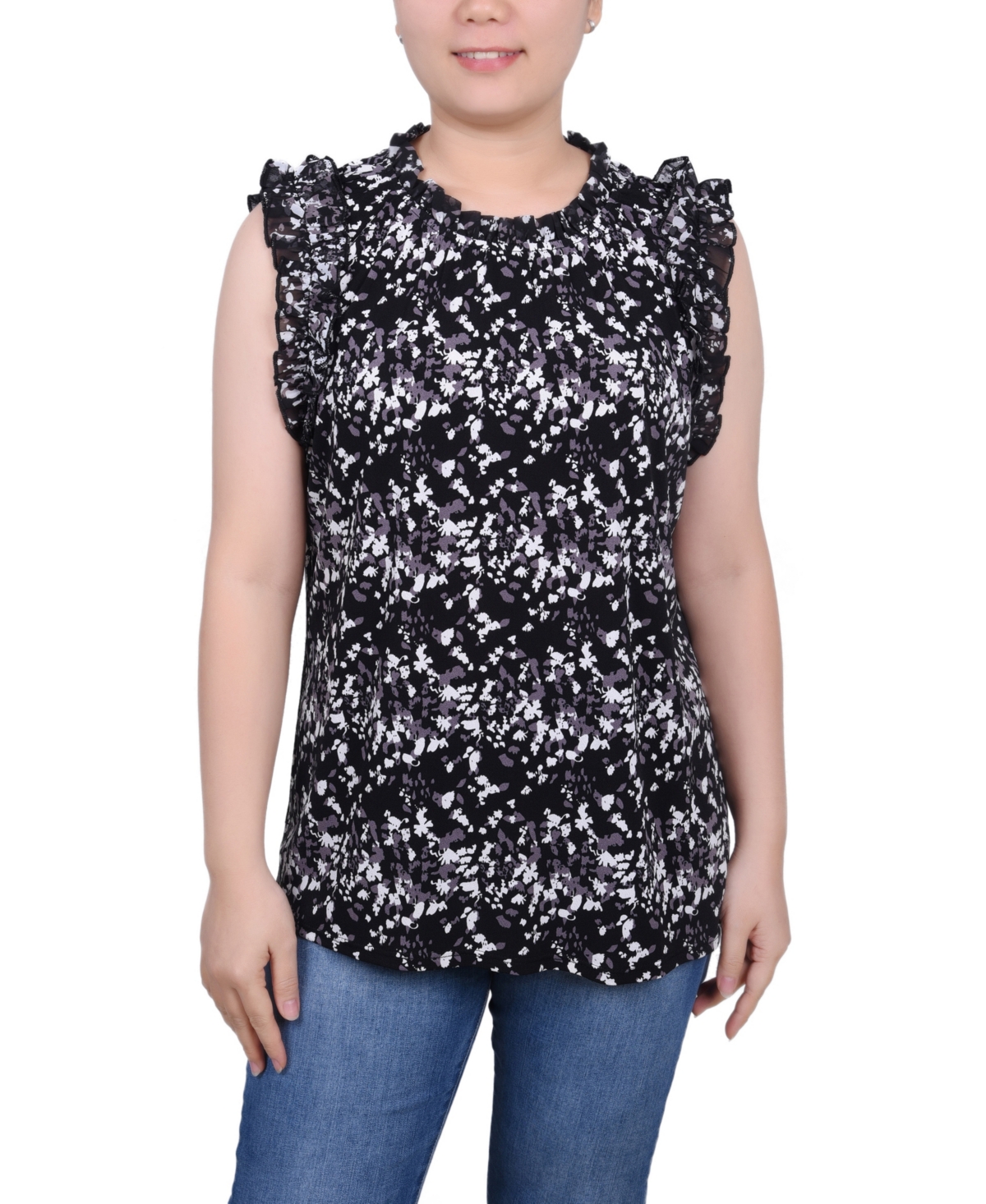 Ny Collection Petite Sleeveless Crepe Top With Chiffon Ruffles In Black Gray Floral